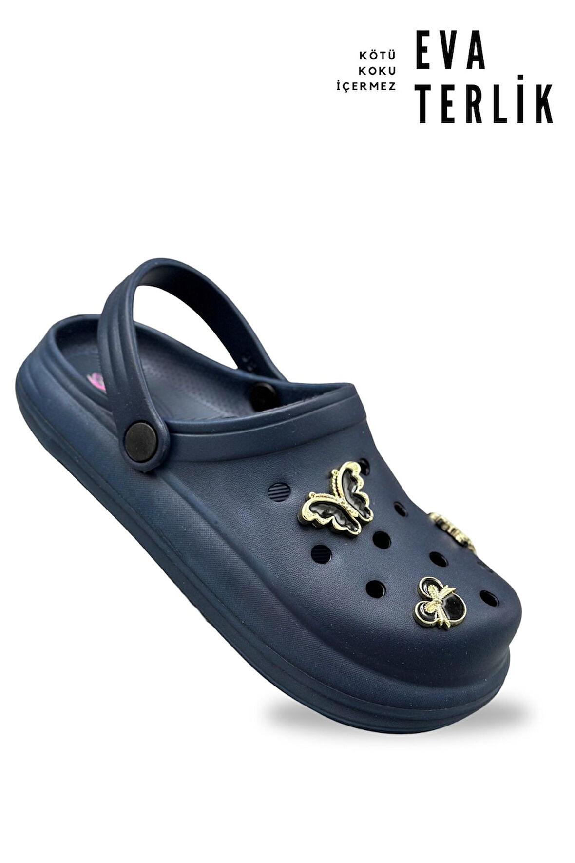 Sermoda Aksesuarlı 4 cm Kalın Taban Kadın sabo Terlik Hastane Terliği 1014 Lacivert