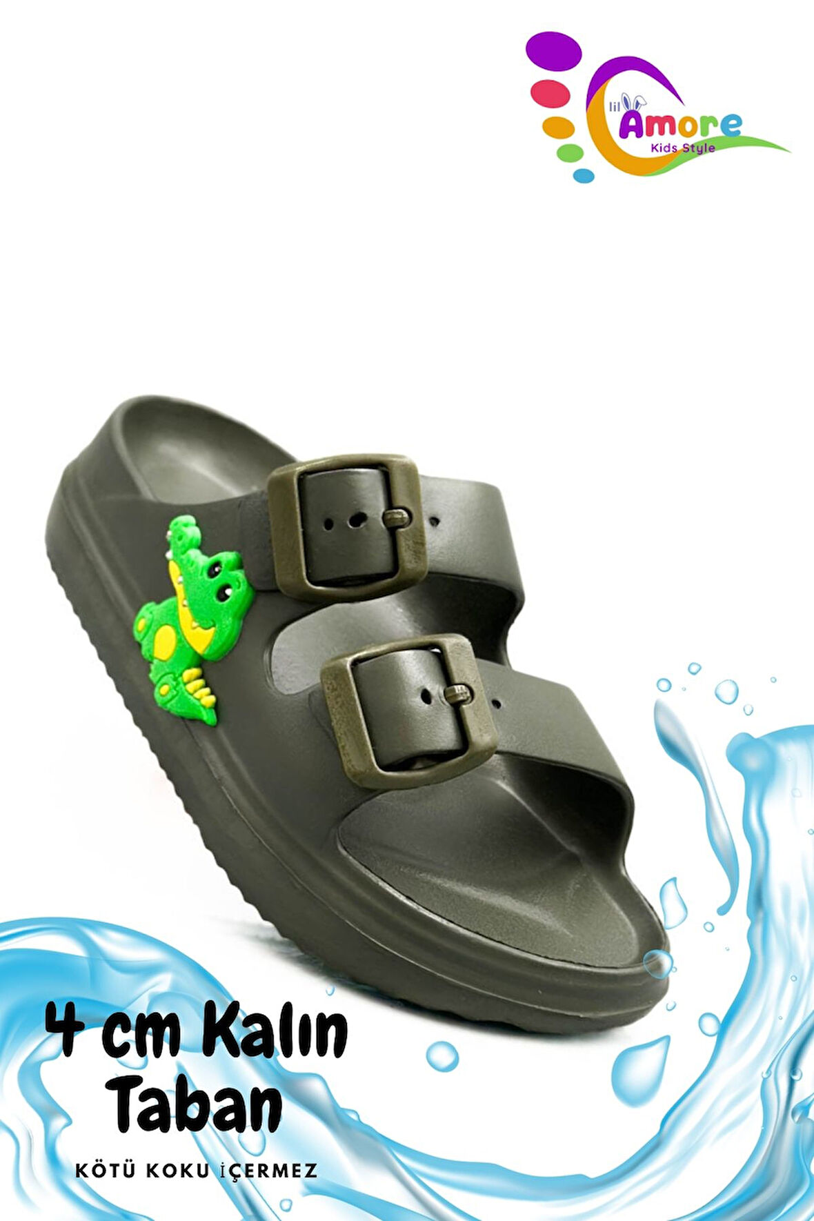 Sermoda Çift Toka Hafif Eva Yazlık Plaj Çocuk Terliği Havuz Terliği Lavabo Terliği T Haki