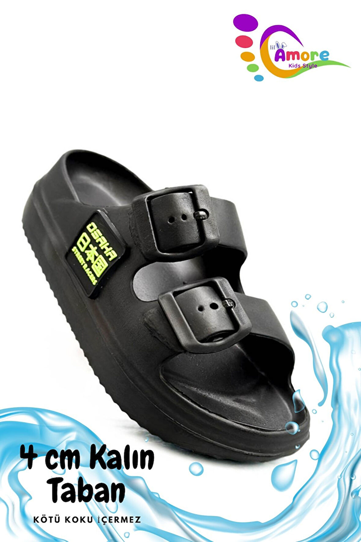 Sermoda Çift Toka Hafif Eva Yazlık Plaj Çocuk Terliği Havuz Terliği Lavabo Terliği OS Siyah