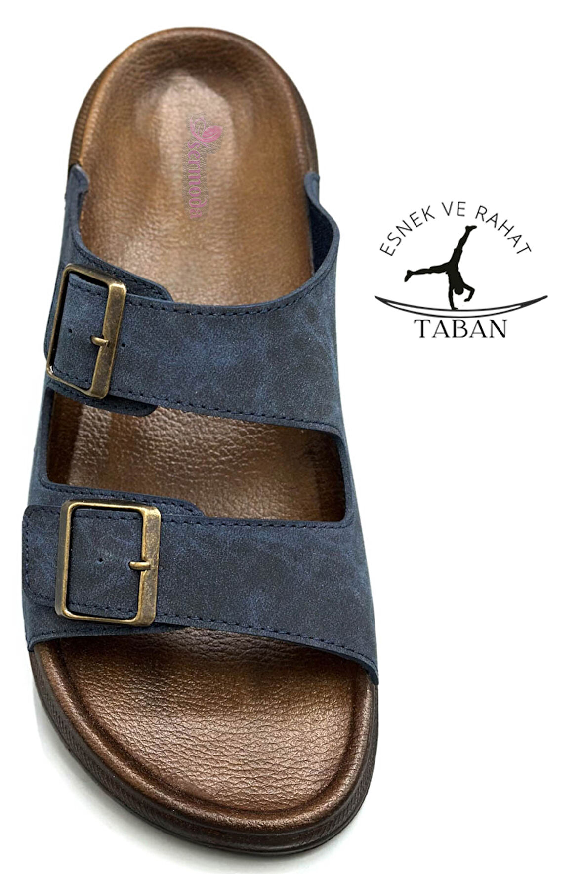 Sermoda Çift Toka Ayarlanabilir Genişlik Esnek Rahat Deri Erkek Terlik 25103 Lacivert