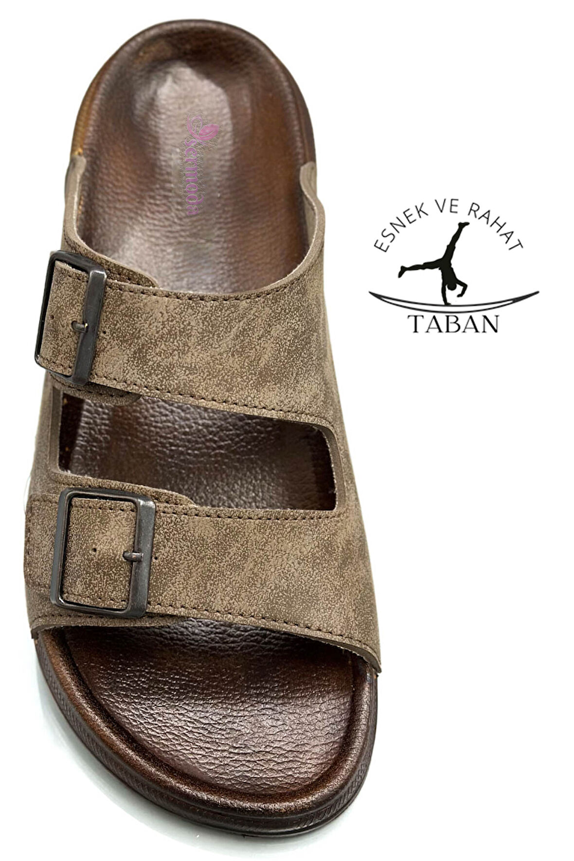 Sermoda Çift Toka Ayarlanabilir Genişlik Esnek Rahat Deri Erkek Terlik 25103 Vizon