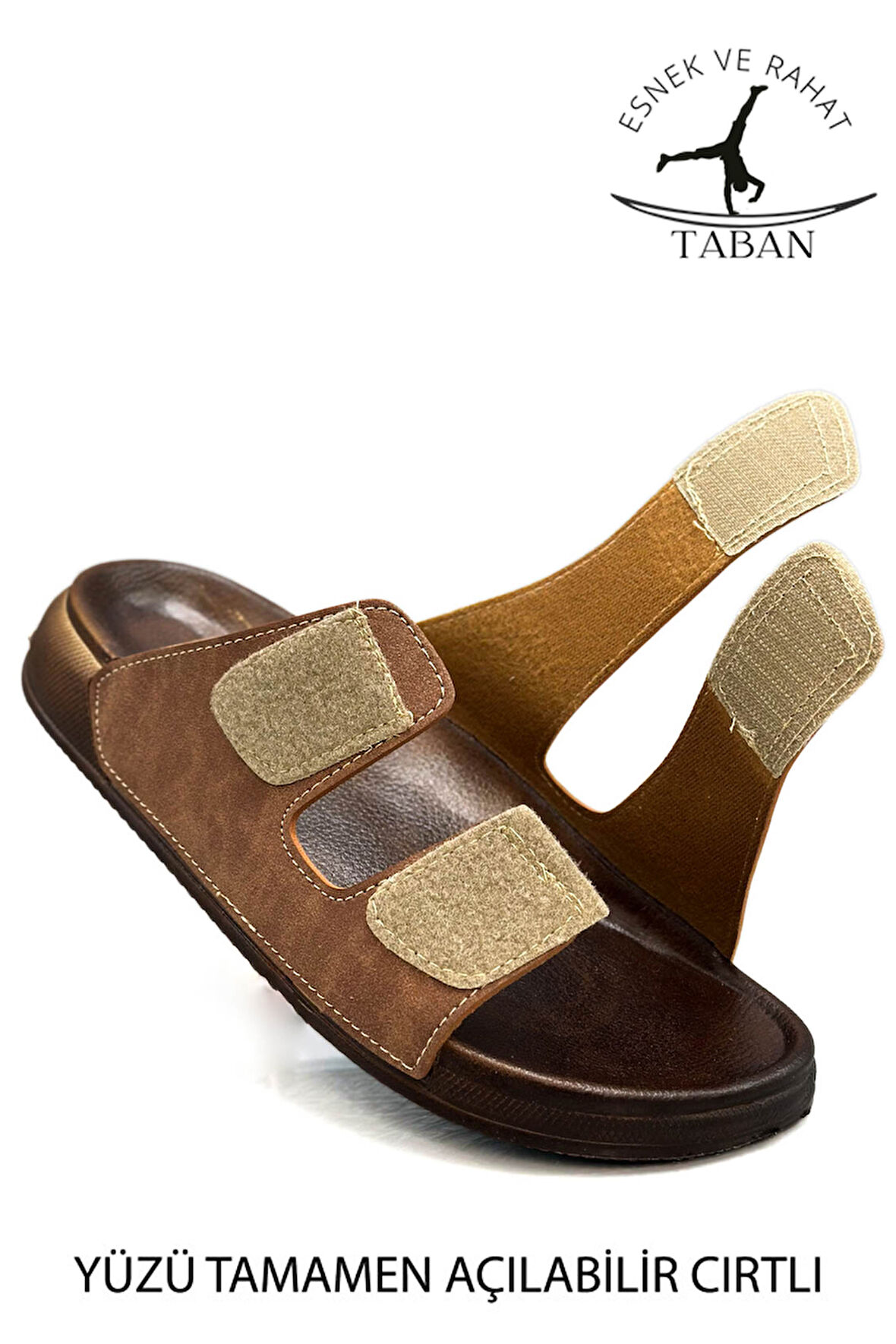 Sermoda Çift Toka Ayarlanabilir Genişlik Esnek Rahat Deri Erkek Terlik 25103 C Taba