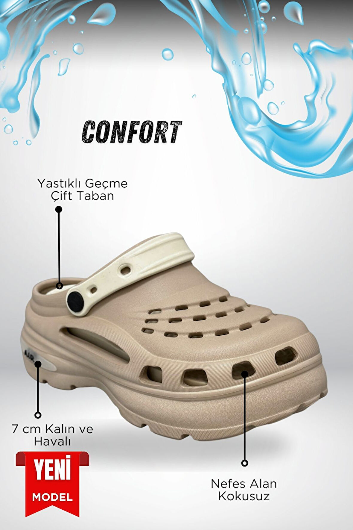 Sermoda Yüksek Çift Taban Taşlı Deniz Havuz Sabo Doktor Hemşire Hastane Comfort Günlük Kadın Terlik Vizon