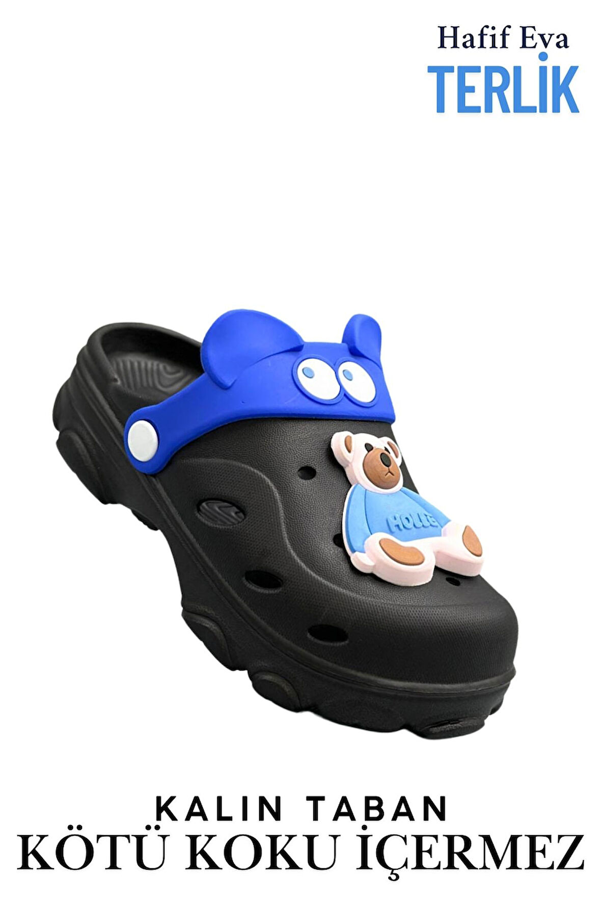 Sermoda Gözlük Desen Ayıcıklı Eva Çocuk Plaj Havuz Terlik Sabo Terlik Siyah Mavi