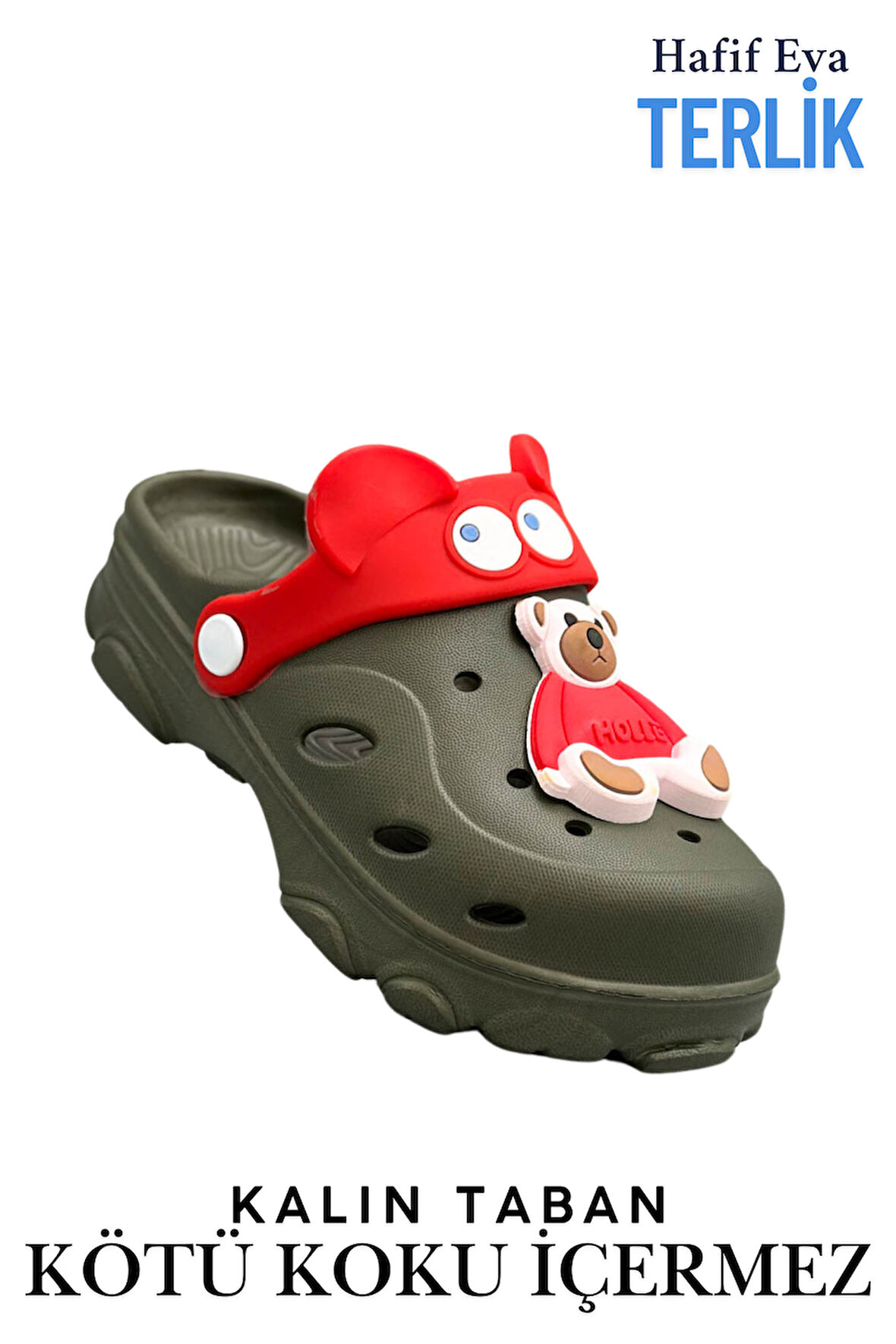 Sermoda Gözlük Desen Ayıcıklı Eva Çocuk Plaj Havuz Terlik Sabo Terlik Haki Kırmızı