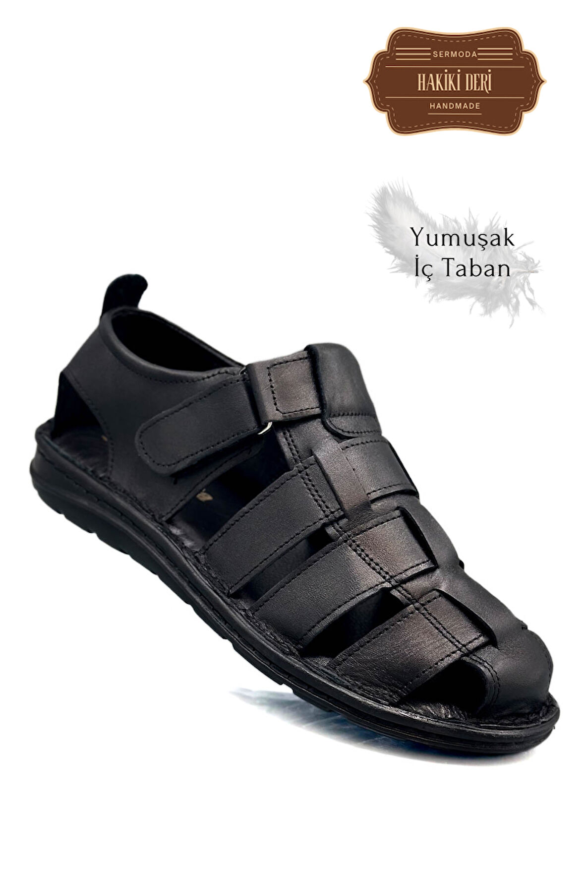 Sermoda Hakiki Deri Burnu Kapalı Erkek Sandalet Siyah
