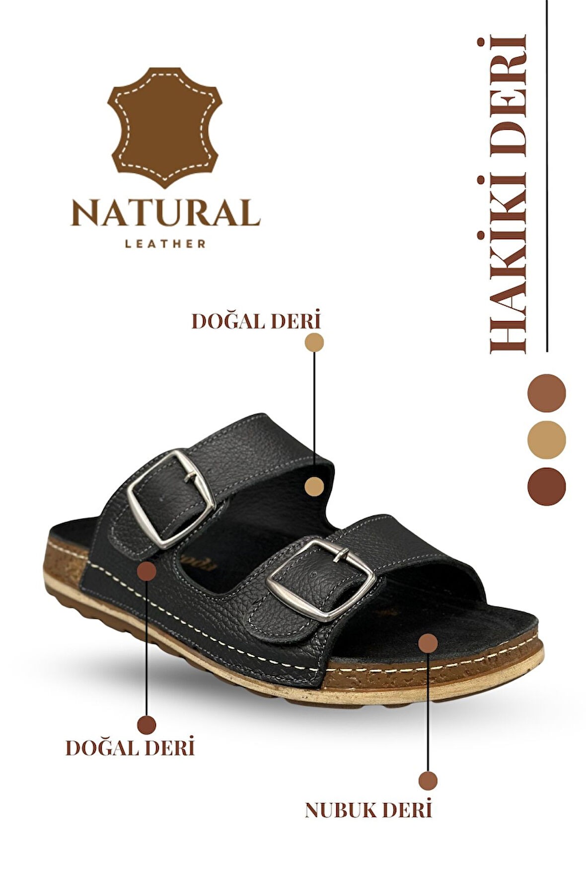 Sermoda Çift Tokalı Ayarlanabilir Hakiki Deri Erkek Terlik Doğal Deri Terlik T Siyah