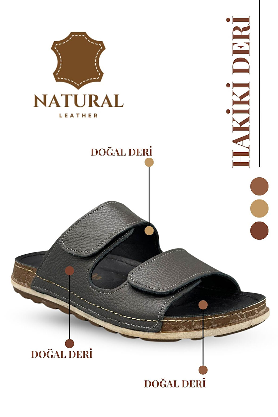 Sermoda Çift Cırtlı Hakiki Deri Erkek Terlik Doğal Deri Terlik C Füme