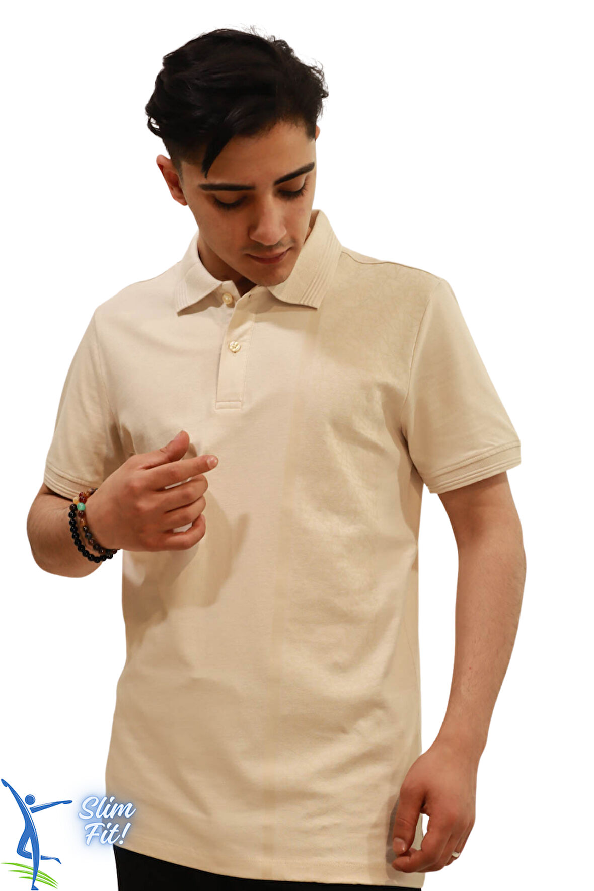 Erkek Slim Fit Dar Kesim Pamuklu Yumuşak Doku Nefes Alan Kumaş Kıvrılmaz Yaka Haki Polo Yaka Tişört Bej