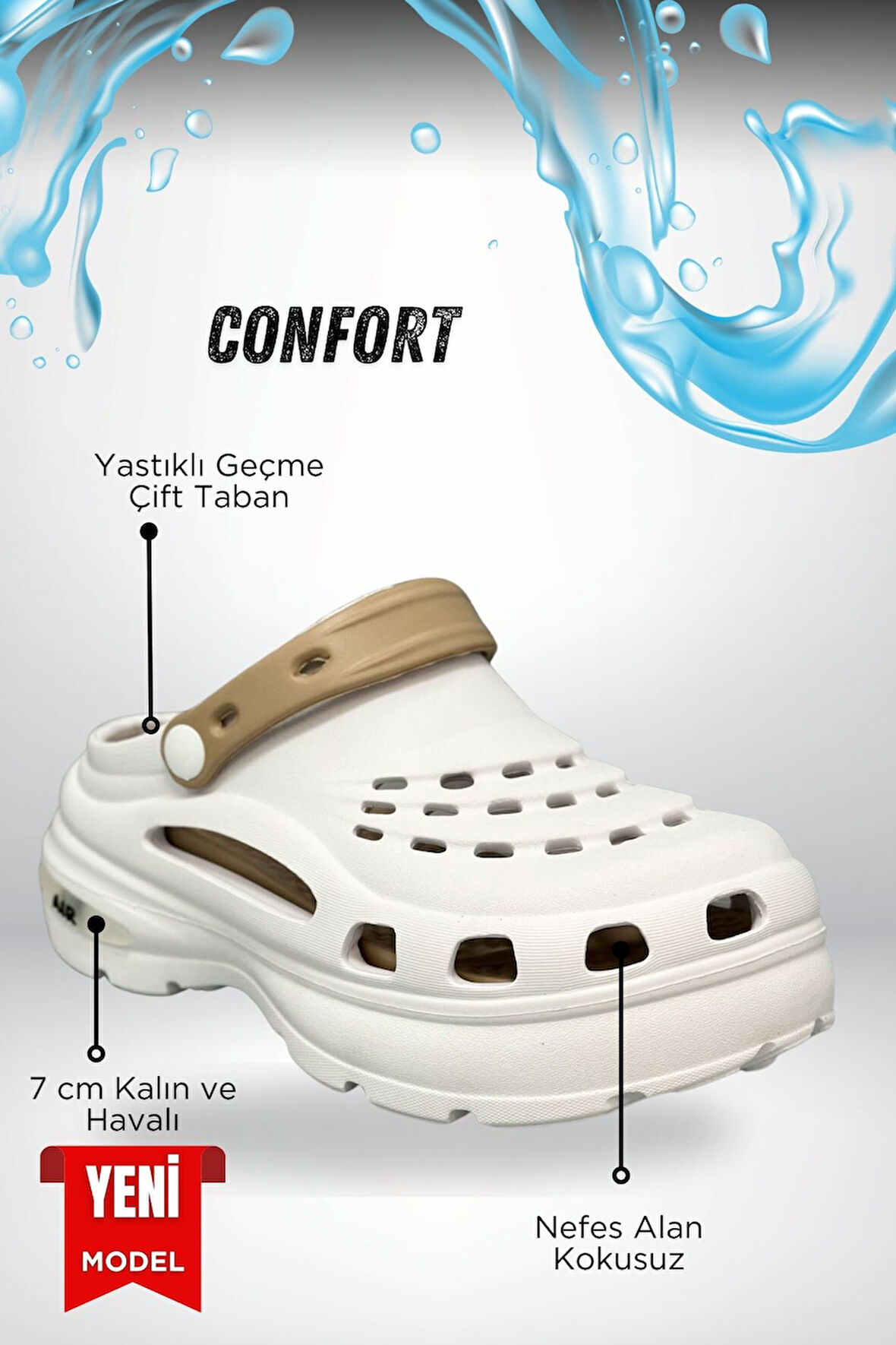 Sermoda Yüksek Çift Taban Taşlı Deniz Havuz Sabo Doktor Hemşire Hastane Comfort Günlük Kadın Terlik Beyaz Vizon