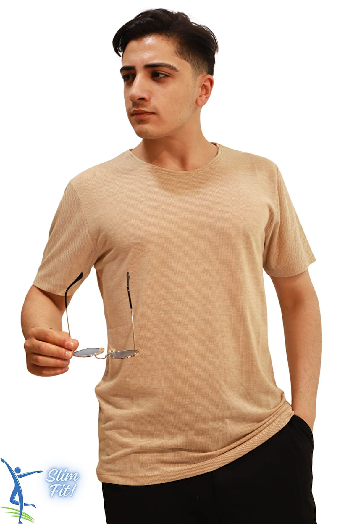 Sermoda Hava Alan İnce Pamuklu Kumaş Bisiklet Yaka Erkek T-Shirt Camel