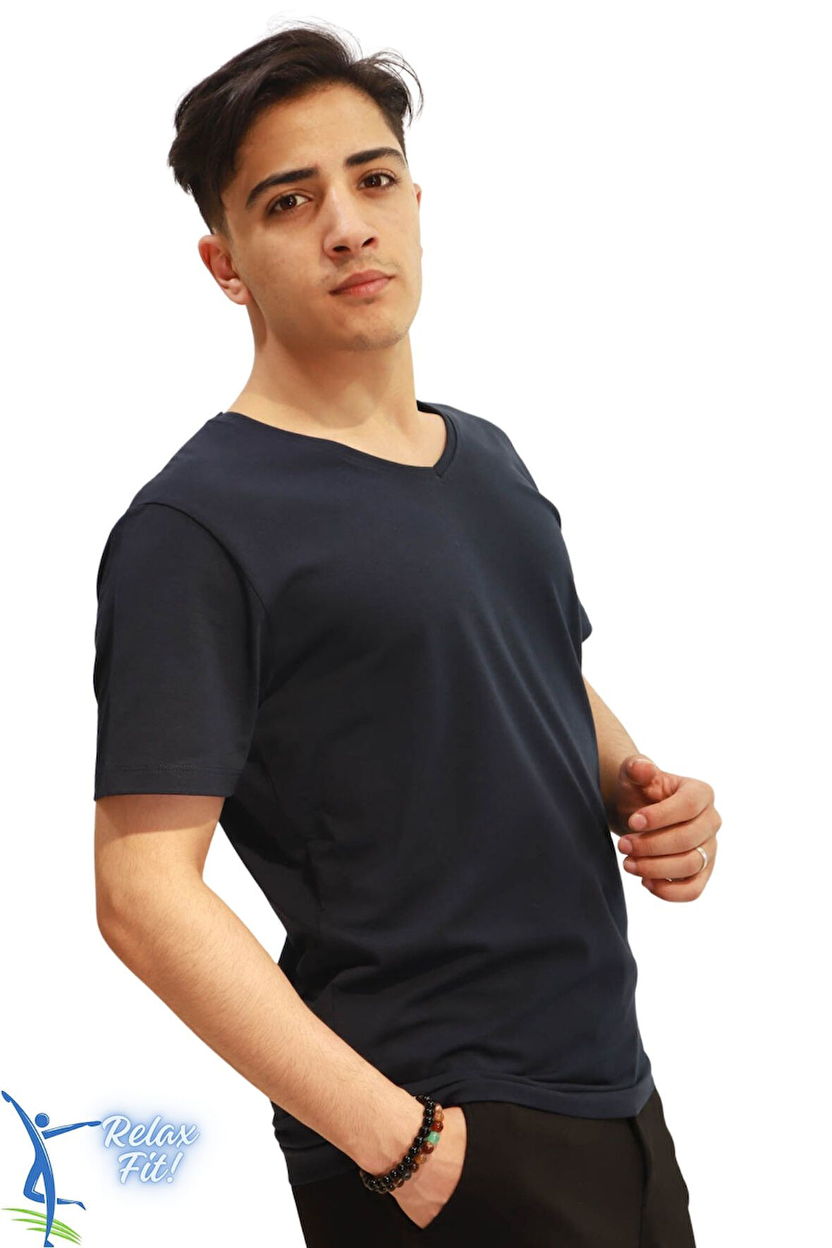 Sermoda Rahat Kesim V Yaka Pamuklu Penye T-Shirt Lacivert