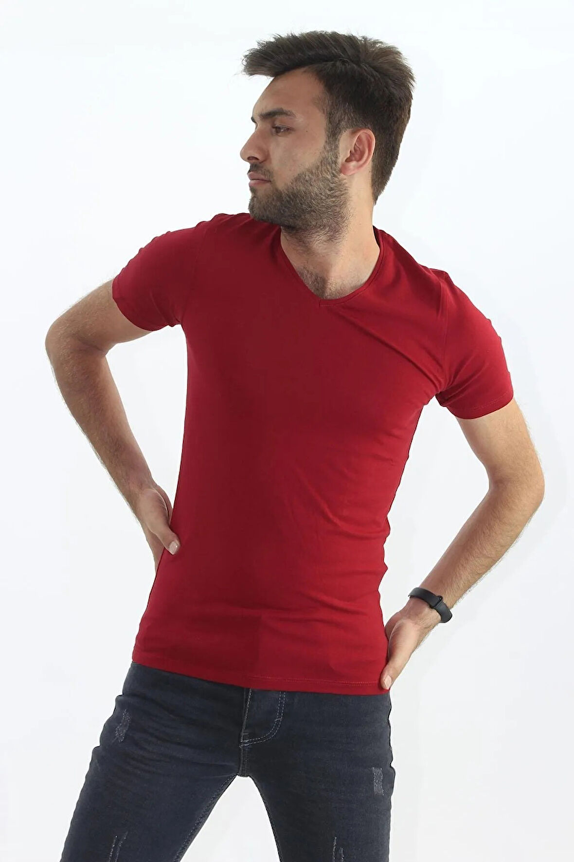 Erkek Slim Fit V Yaka Tişört - Dar Kesim Basic Günlük T-Shirt Bordo