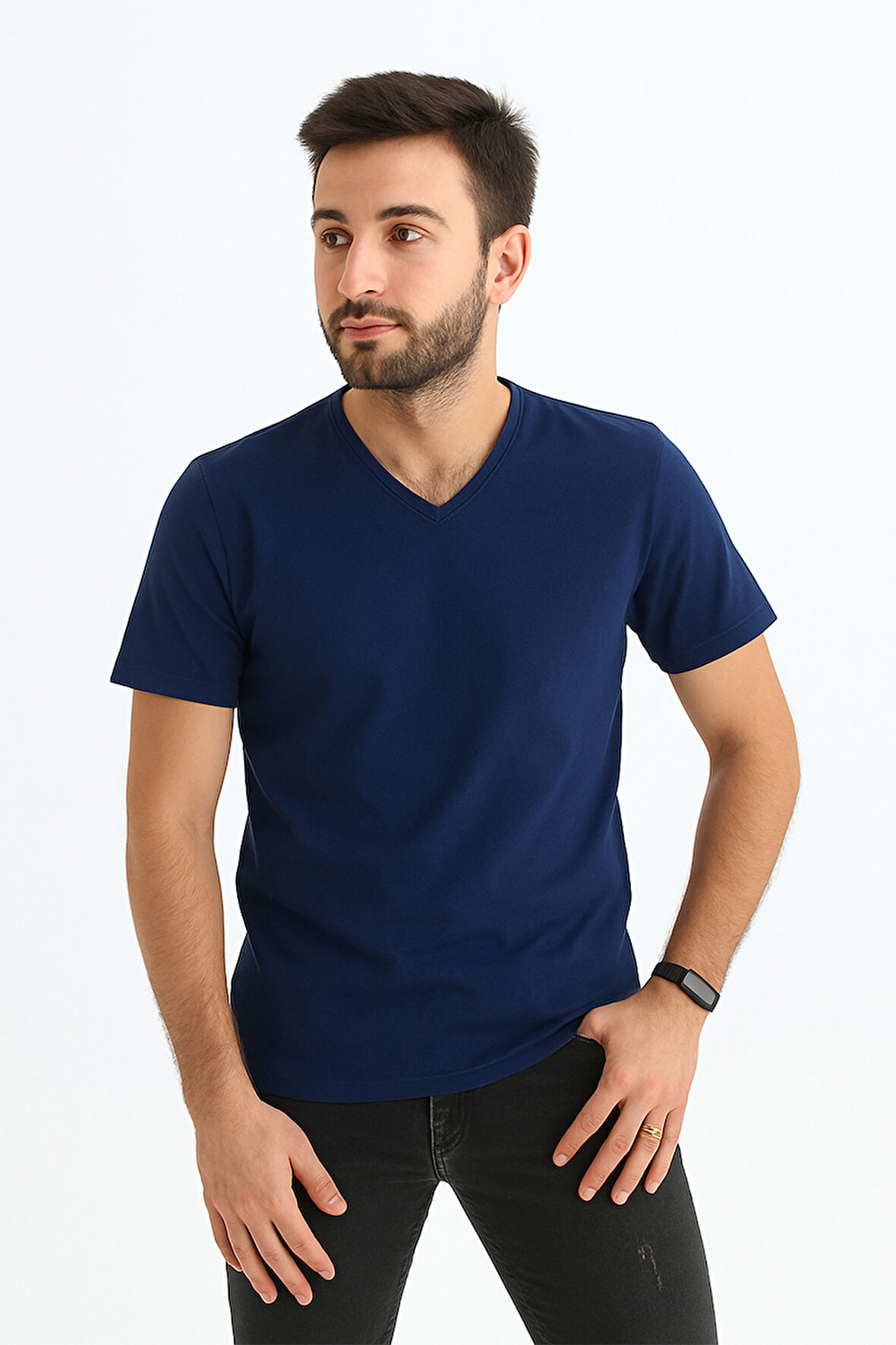 Erkek Slim Fit V Yaka Tişört - Dar Kesim Basic Günlük T-Shirt Lacivert
