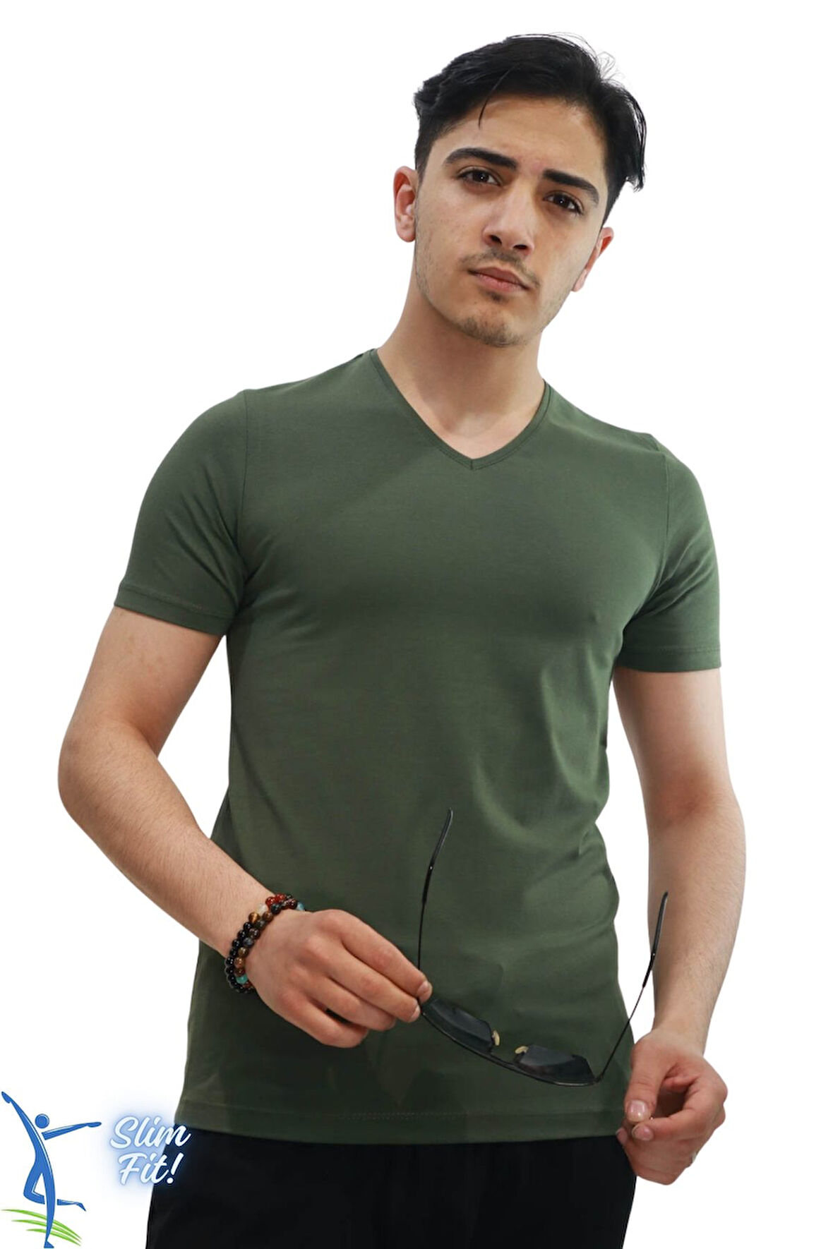 Erkek Slim Fit V Yaka Tişört - Dar Kesim Basic Günlük T-Shirt Haki