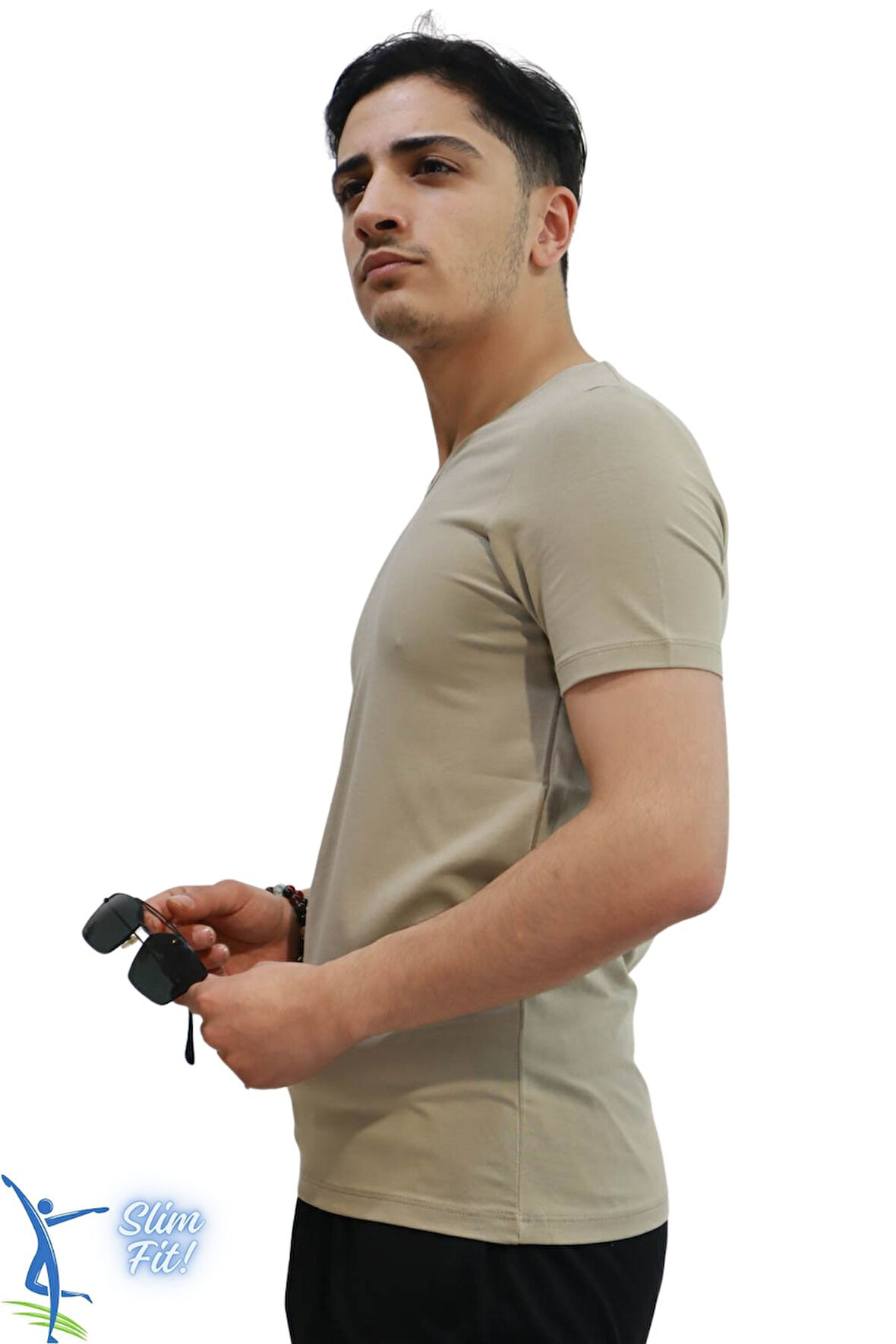 Erkek Slim Fit V Yaka Tişört - Dar Kesim Basic Günlük T-Shirt Vizon