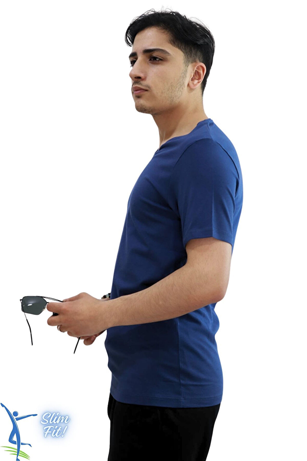 Erkek Slim Fit V Yaka Tişört - Dar Kesim Basic Günlük T-Shirt İndigo