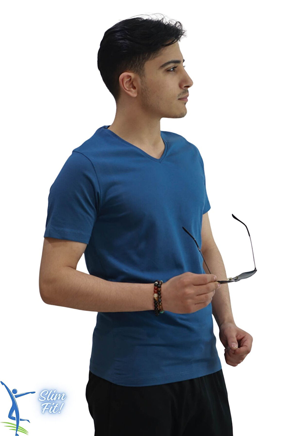 Erkek Slim Fit V Yaka Tişört - Dar Kesim Basic Günlük T-Shirt Petrol Mavi