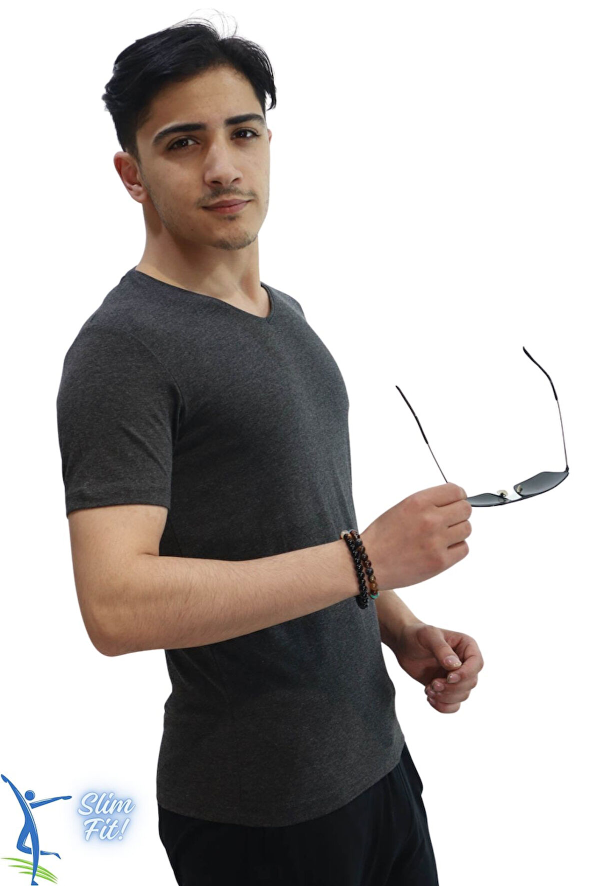 Erkek Slim Fit V Yaka Tişört - Dar Kesim Basic Günlük T-Shirt Antrasit