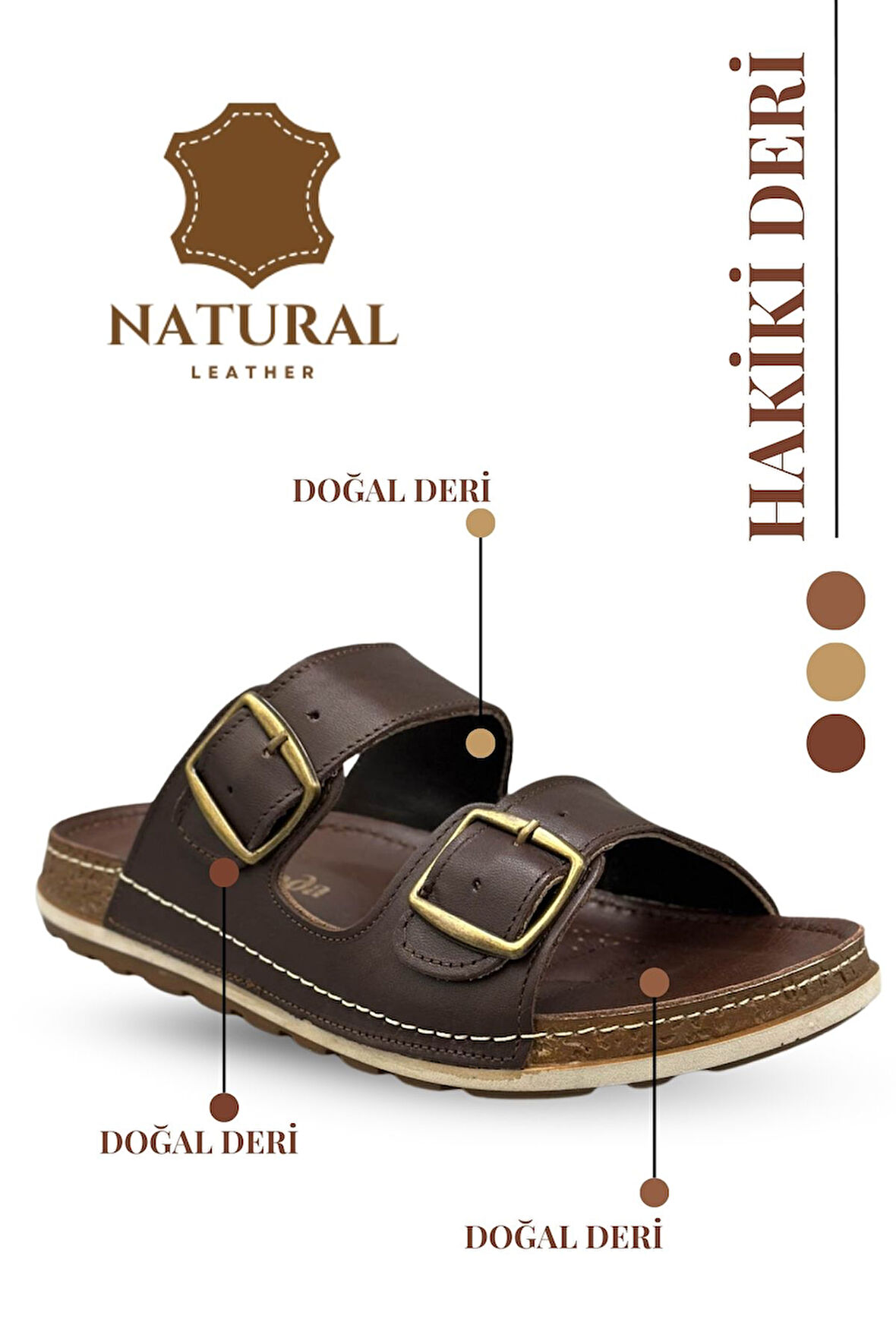 Hakiki Deri Erkek Terlik Çift Cırt Bantlı Ortopedik Rahat Taban Günlük Terlik TM Kahve