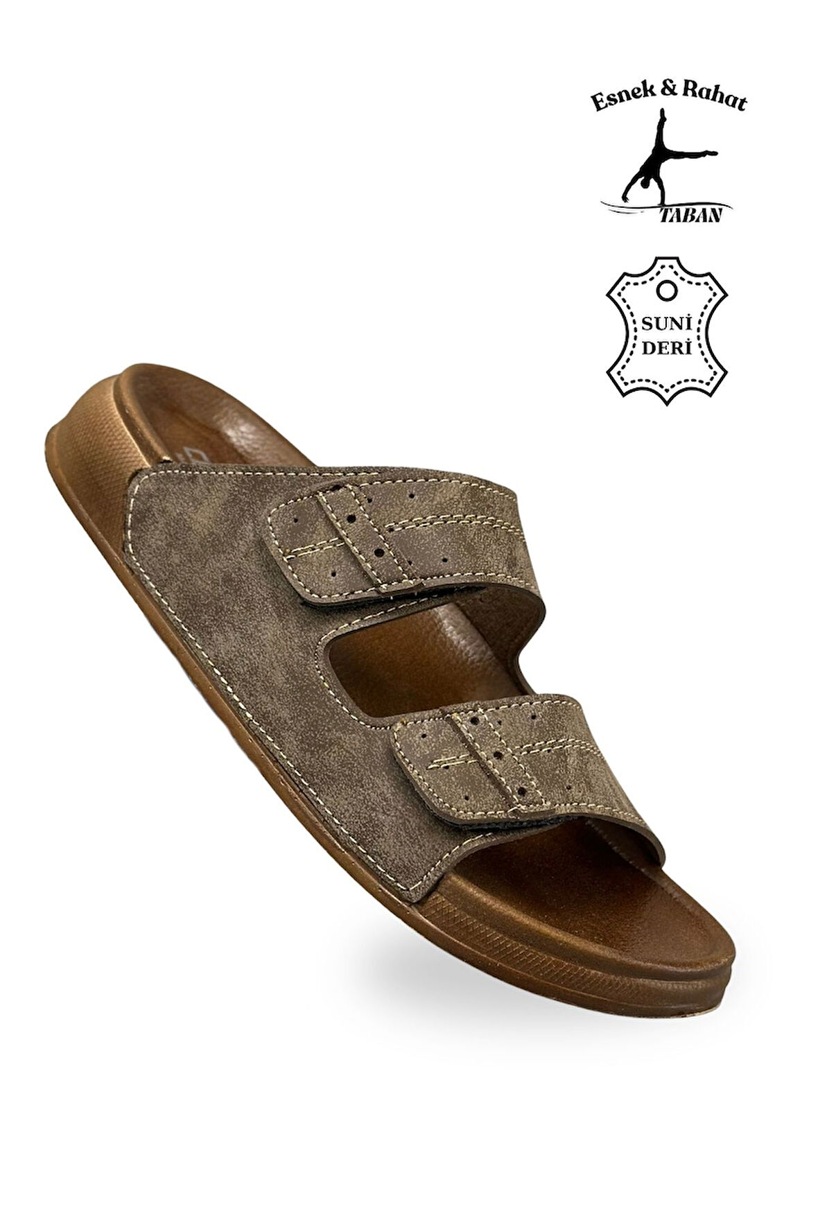Erkek Çift Cırtlı Deri Terlik – Esnek Tabanlı Rahat Günlük Terlik C Vizon