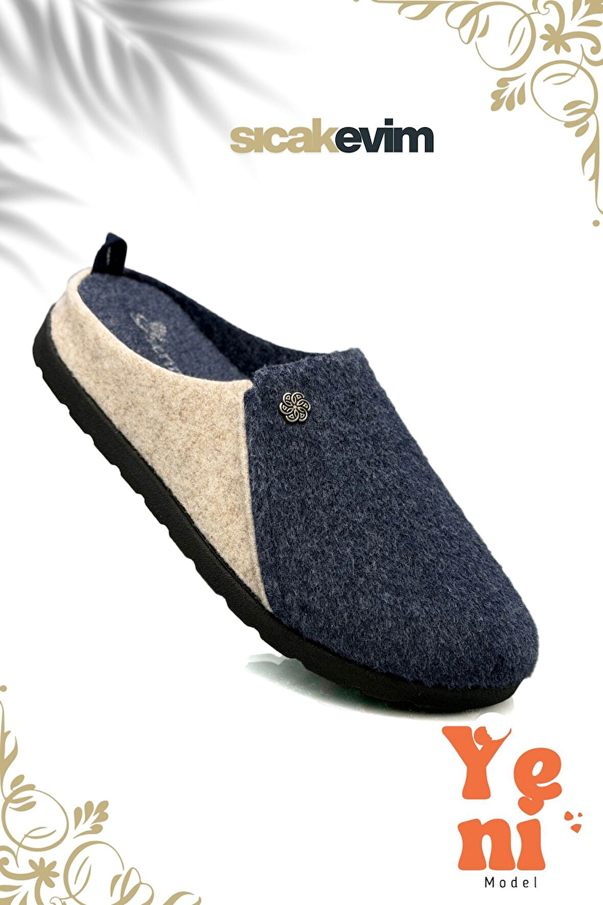 Kadın Ev Terliği  – Poli Taban Hafif Tabanlı Sıcak Tutan Ev Terliği Lacivert Bej