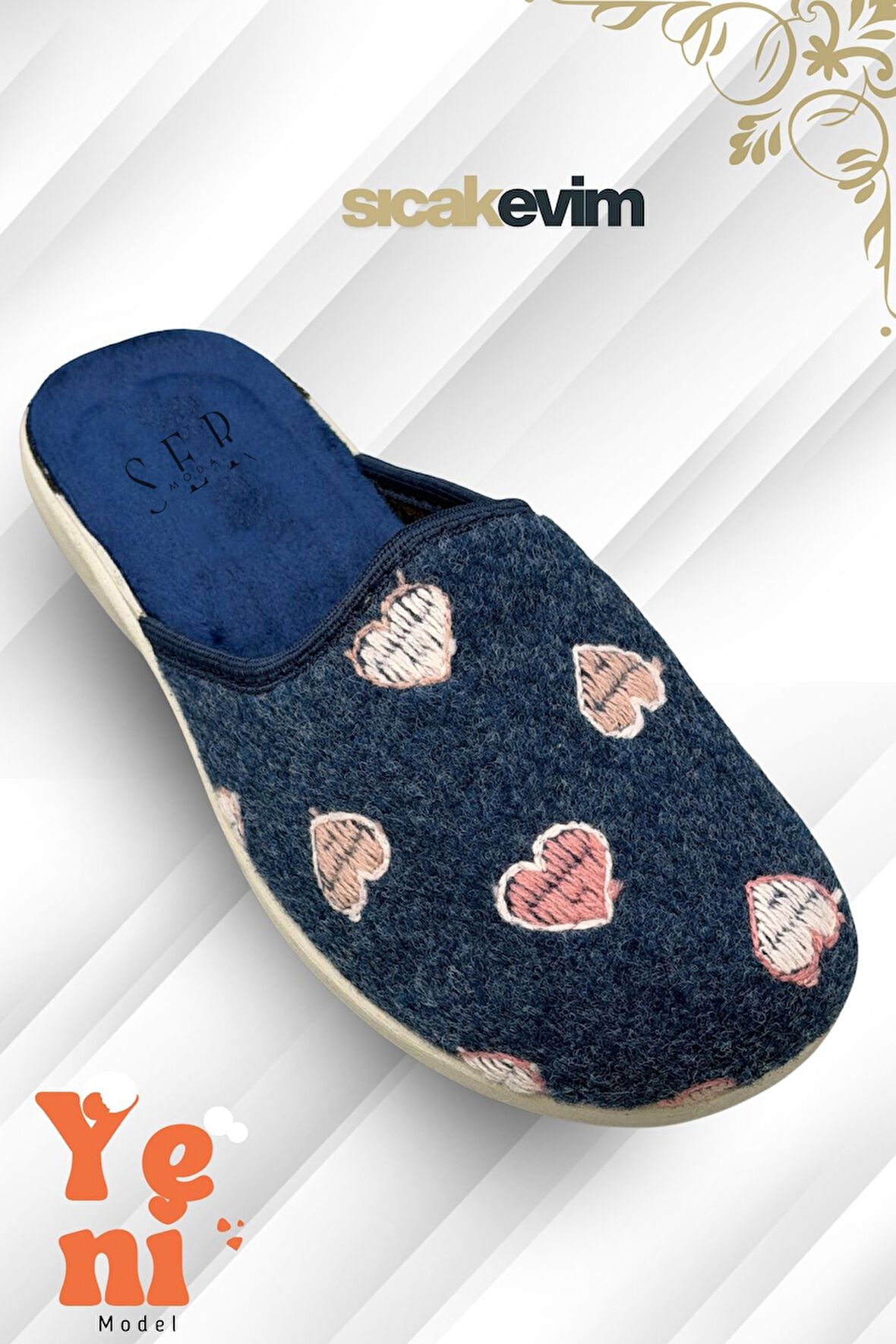 Kadın Ev Terliği  – Poli Taban Hafif Tabanlı Sıcak Tutan Ev Terliği Kalp Lacivert