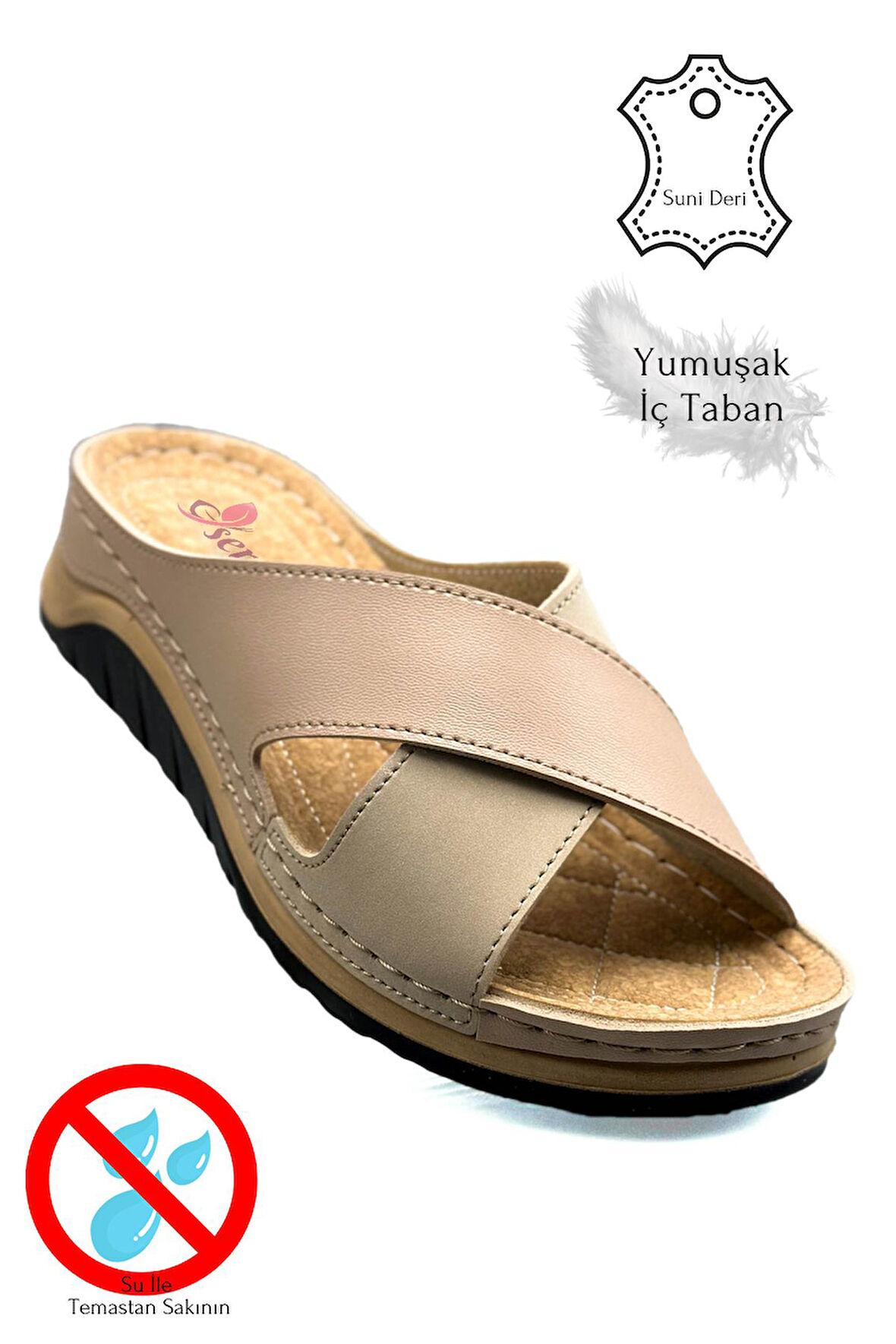 Çapraz Bant Yumuşak ve Hafif Kalın Tabanlı Kadın Terlik Spor Terlik 521/2 Pudra Vizon