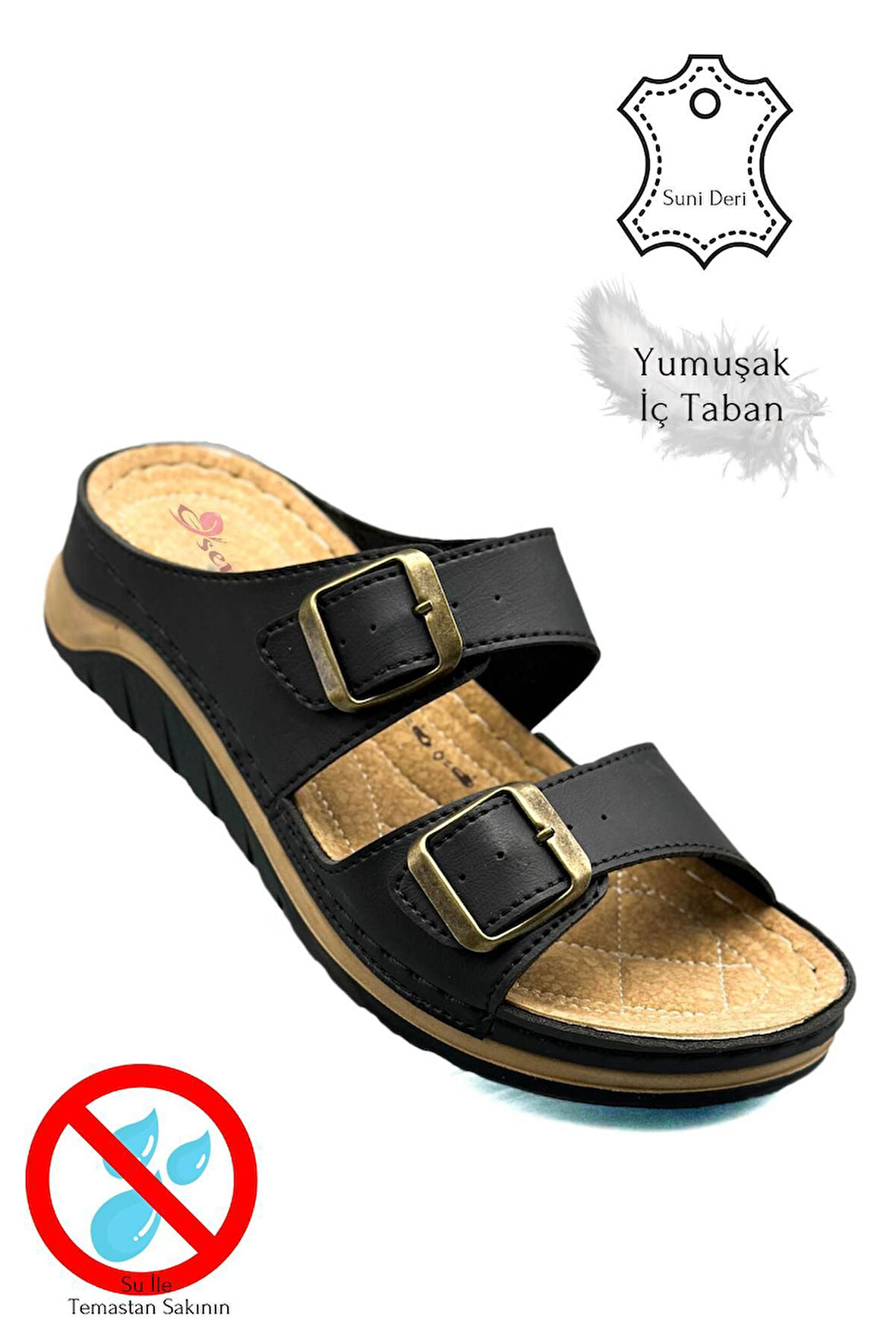 Çift Bant Tokalı Yumuşak ve Hafif Kalın Tabanlı Kadın Terlik Spor Terlik 521/1 Siyah