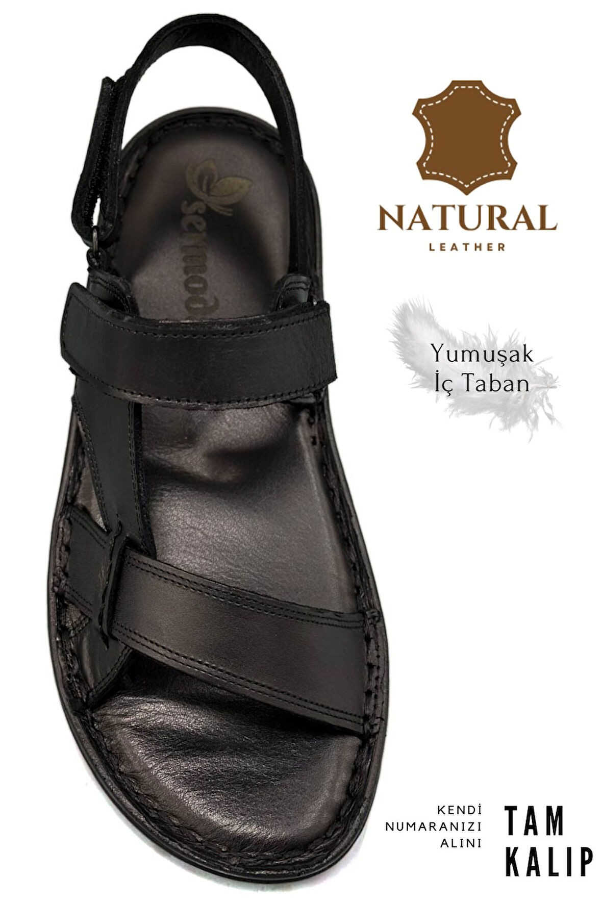 Hakiki Gerçek Deri Cırtlı Erkek Sandalet Siyah