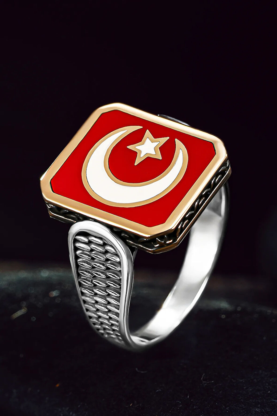 Erkek Gümüş Yüzük - Ay Yıldız Türk Bayrağı İnce Kibar Model Erkek Yüzük