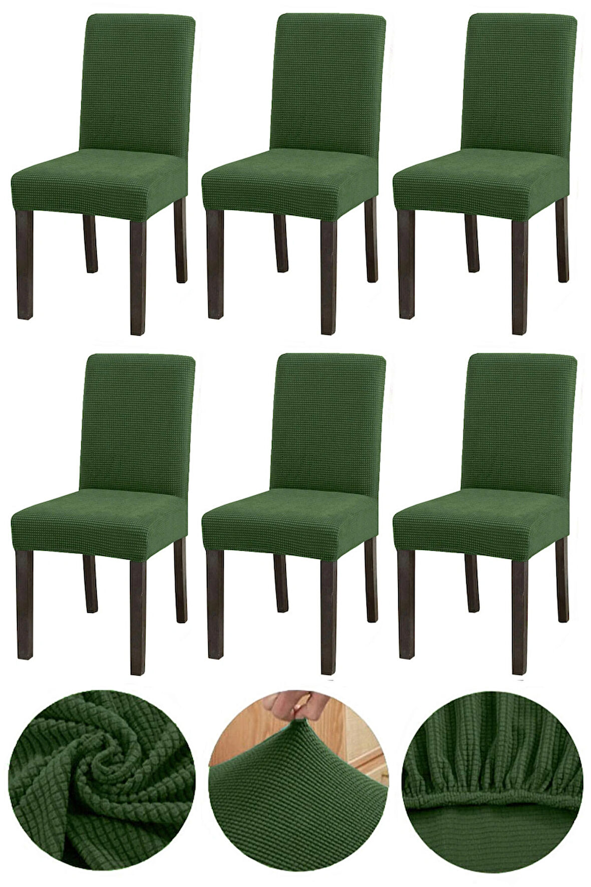 Bambu Nano Kumaş Likralı Yıkanabilir 6'lı Sandalye Kılıfı Lastikli Sandalye Örtüsü (6ADET) - HAKİ YEŞİL 