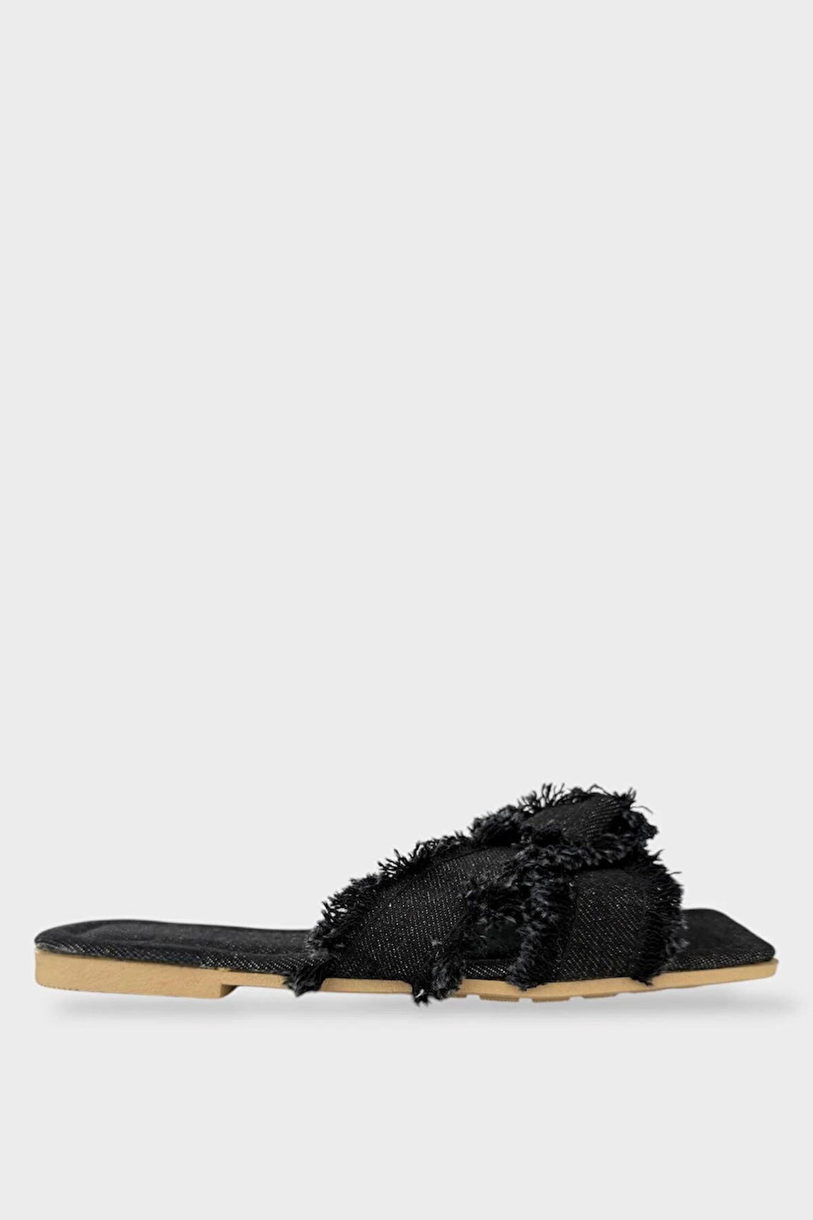 Kadın Püskül Detay Çapraz Denim Terlik SİYAH