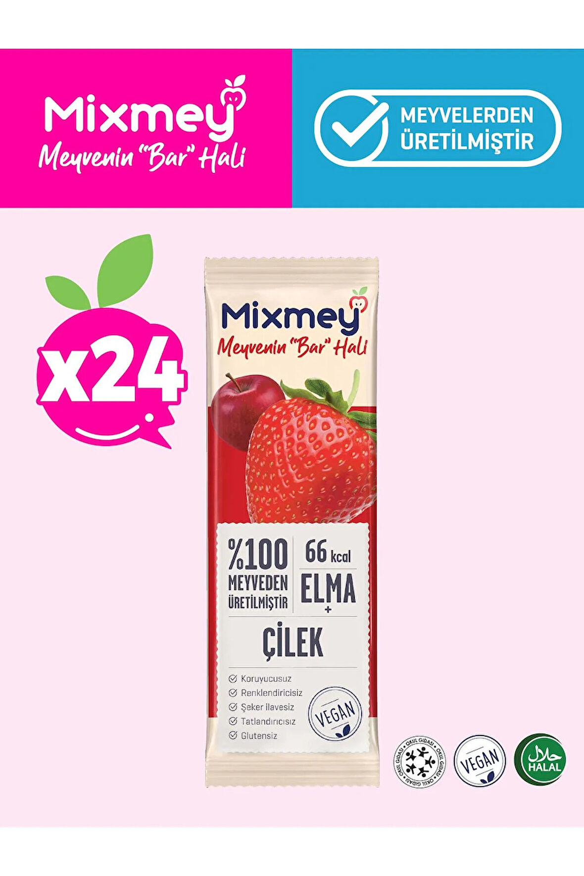 Mixmey Çilek Meyve Bar 24 Adet | Glutensiz, Vegan Sağlıklı Atıştırmalık - 20gr X 24 Adet
