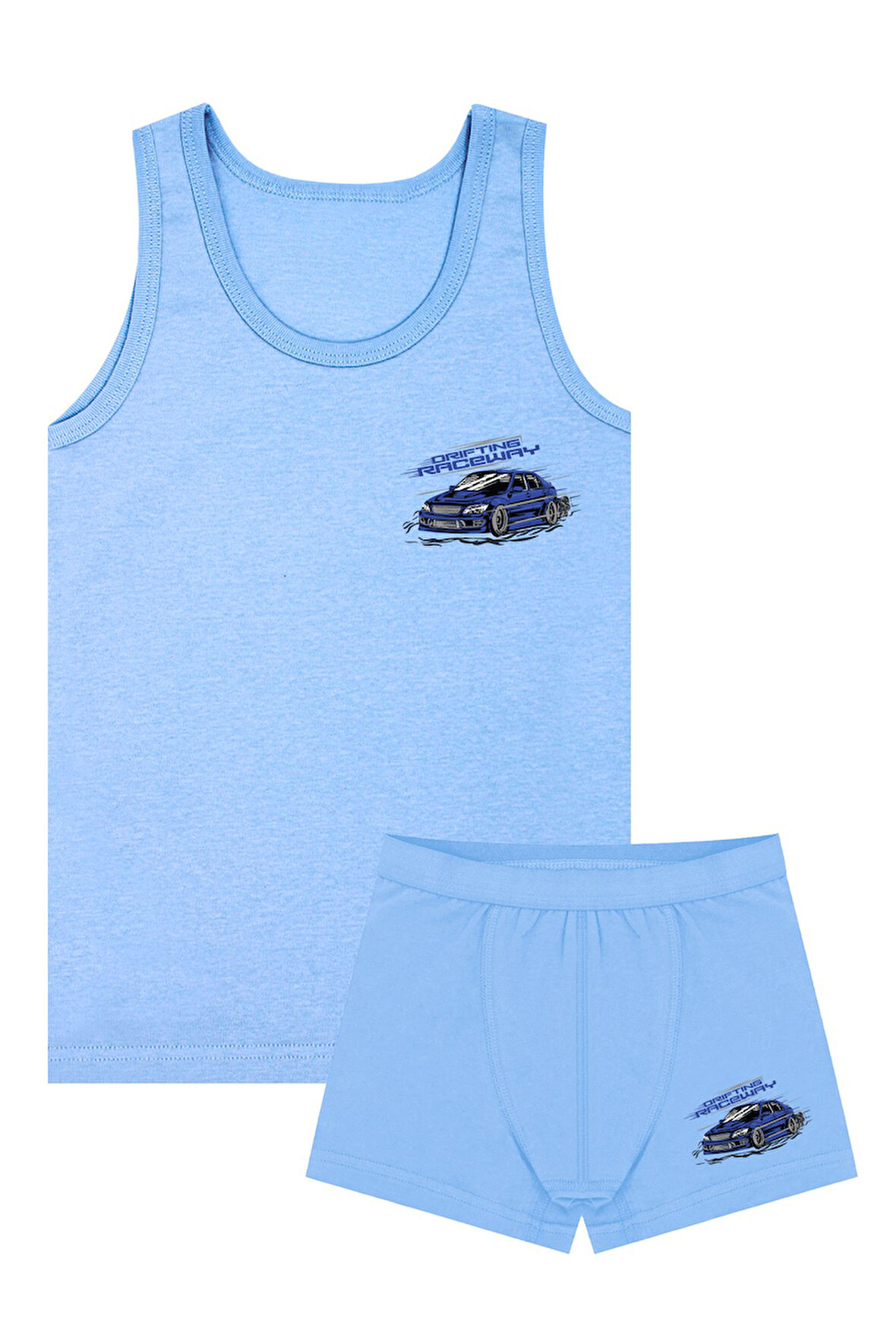 Öts Erkek Çocuk Atlet Boxer Likralı Mavi Araba (%96 Pamuk - %4 Elastan)