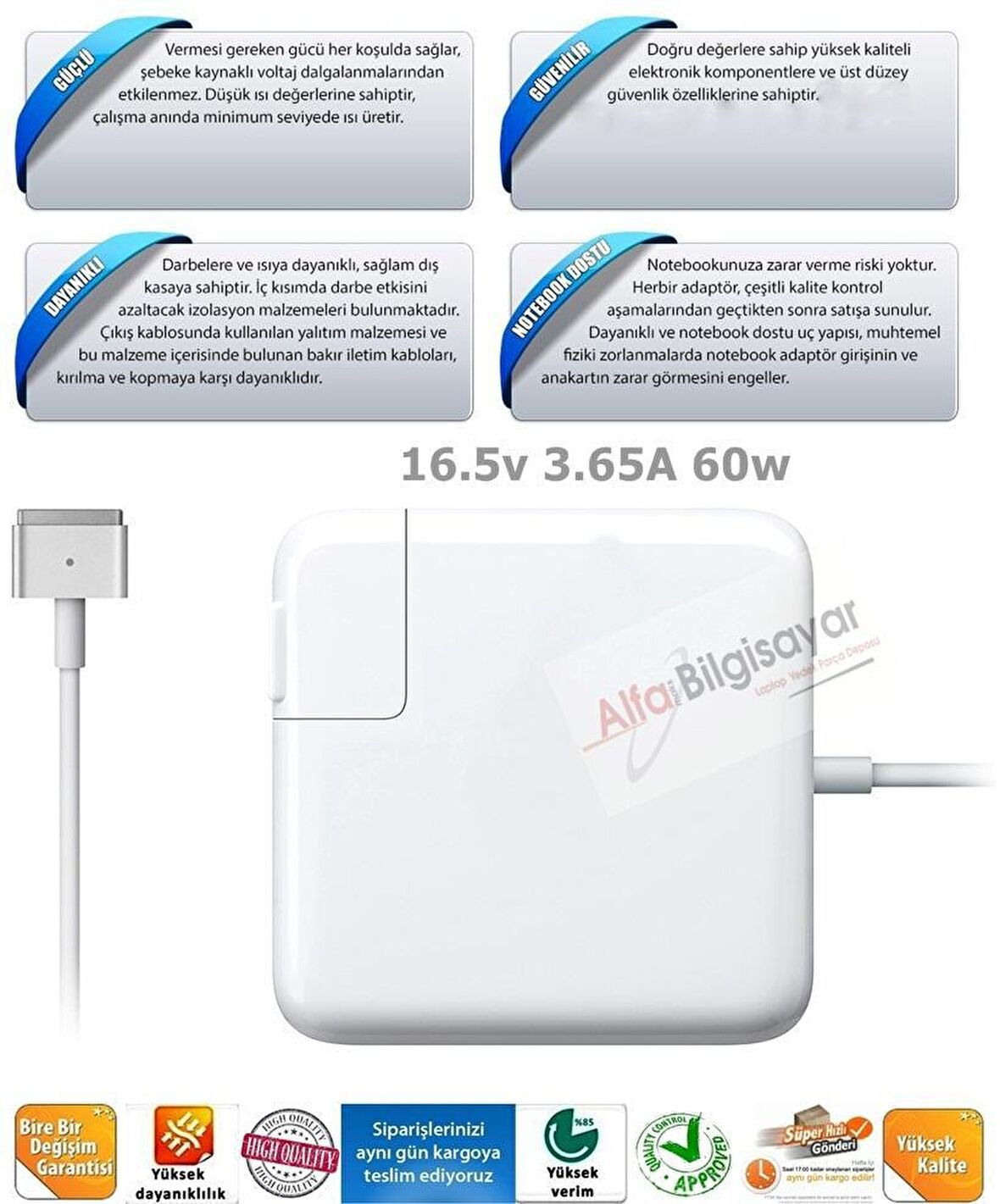 Apple Macbook Magsafe2 60w 16.5v A1502 A1425 A1435 Şarj Adaptör ( Apple Uyumludur.)