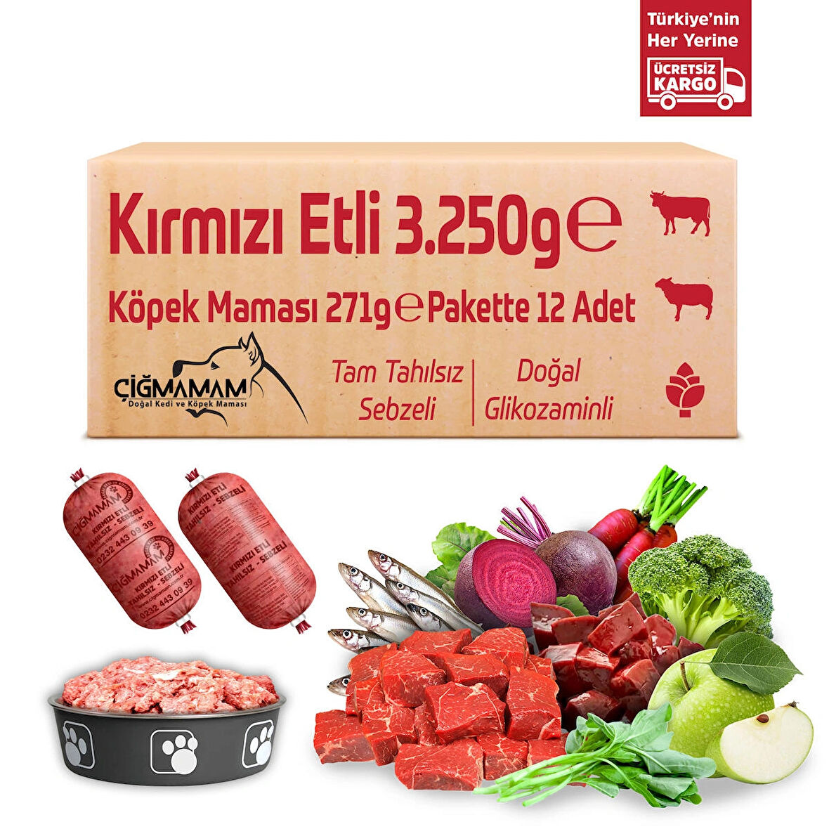 Kirmizi Etli Tahilsiz 3.250 Gr. 271 Gr 12 Adet Çigmamam Barf  Köpek Mamasi 