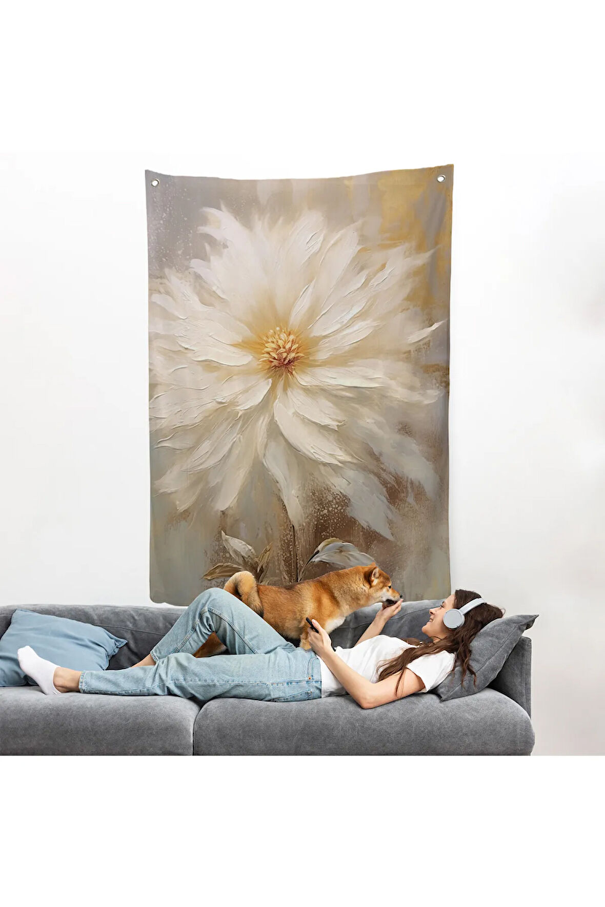 Yağlıboya Görünümlü Beyaz Çiçek Duvar Örtüsü-7559