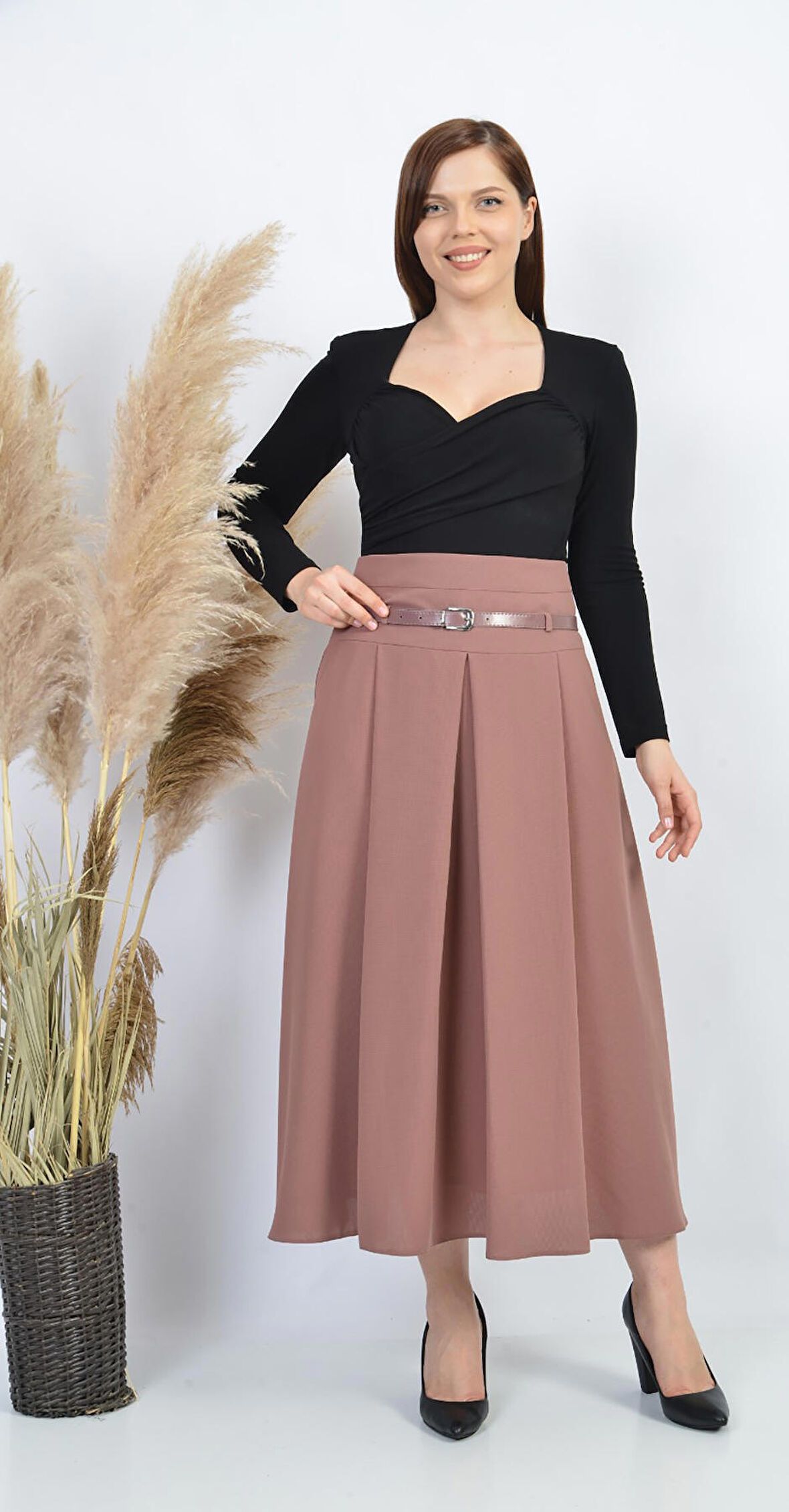 SORALLİNE KADIN MEVSİMLİK CEPLİ PİLELİ ETEK 90 CM BOYUNDA 755 ETAMİN DESEN GÜL