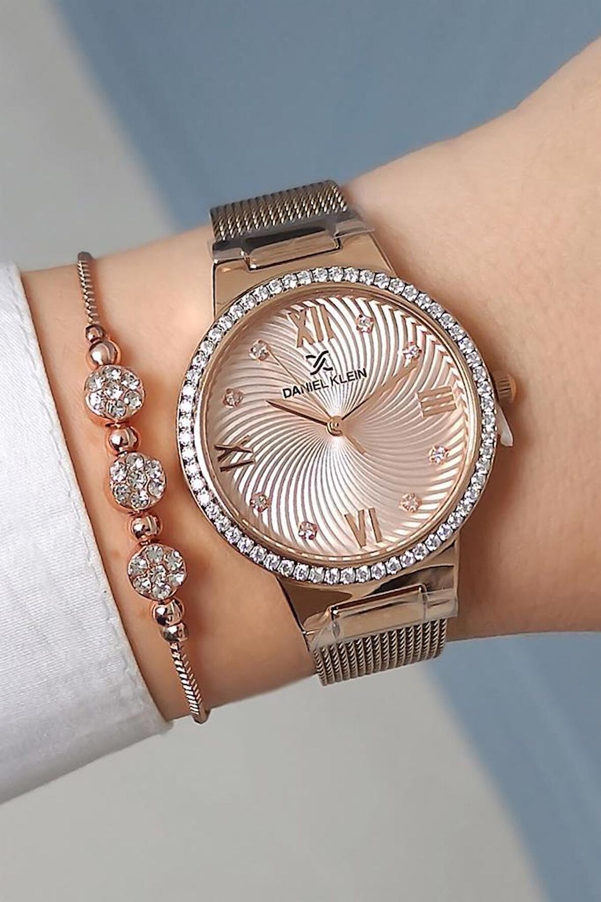 Daniel Klein Rose Kadranlı, Taşlı, Rose Gold Kadın Kol Saati + Zirkon Taşlı Bileklik