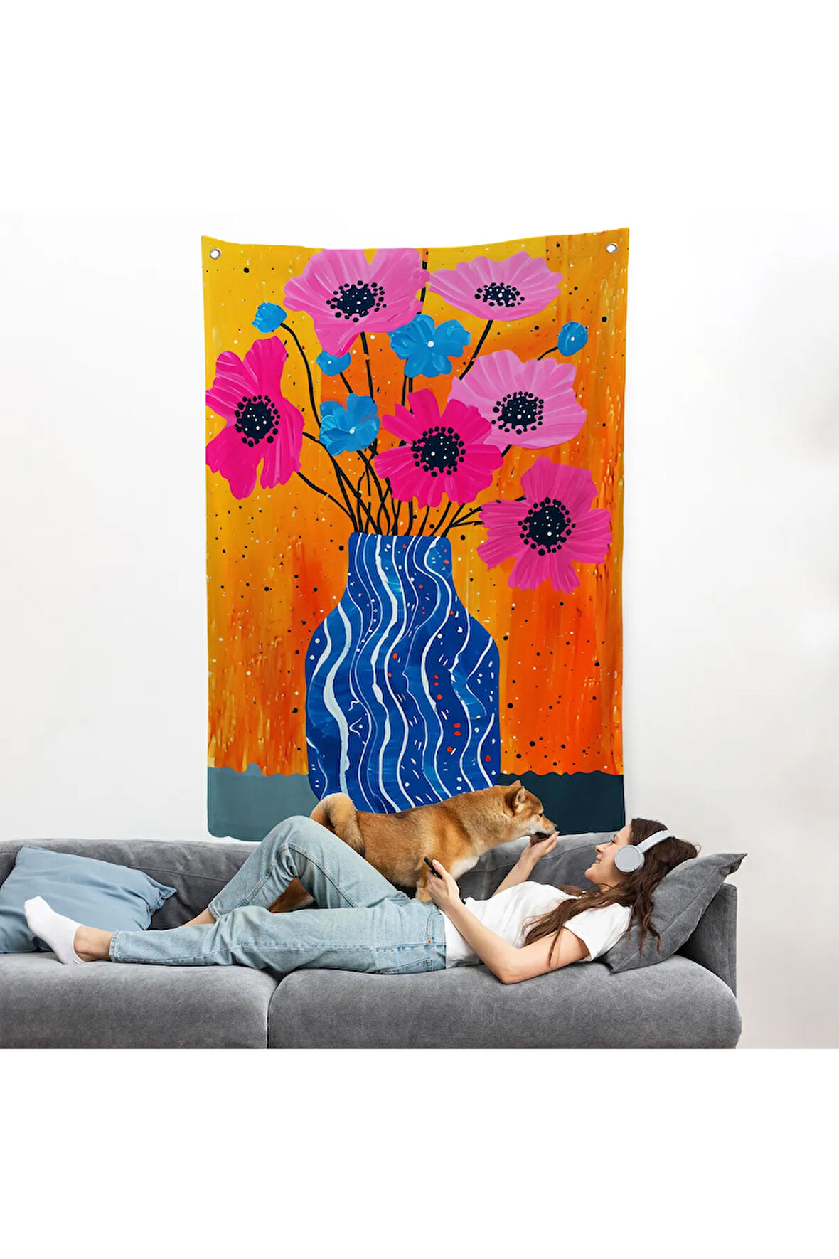 Vazo İçindeki Rekli Çiçekler Duvar Örtüsü-7560