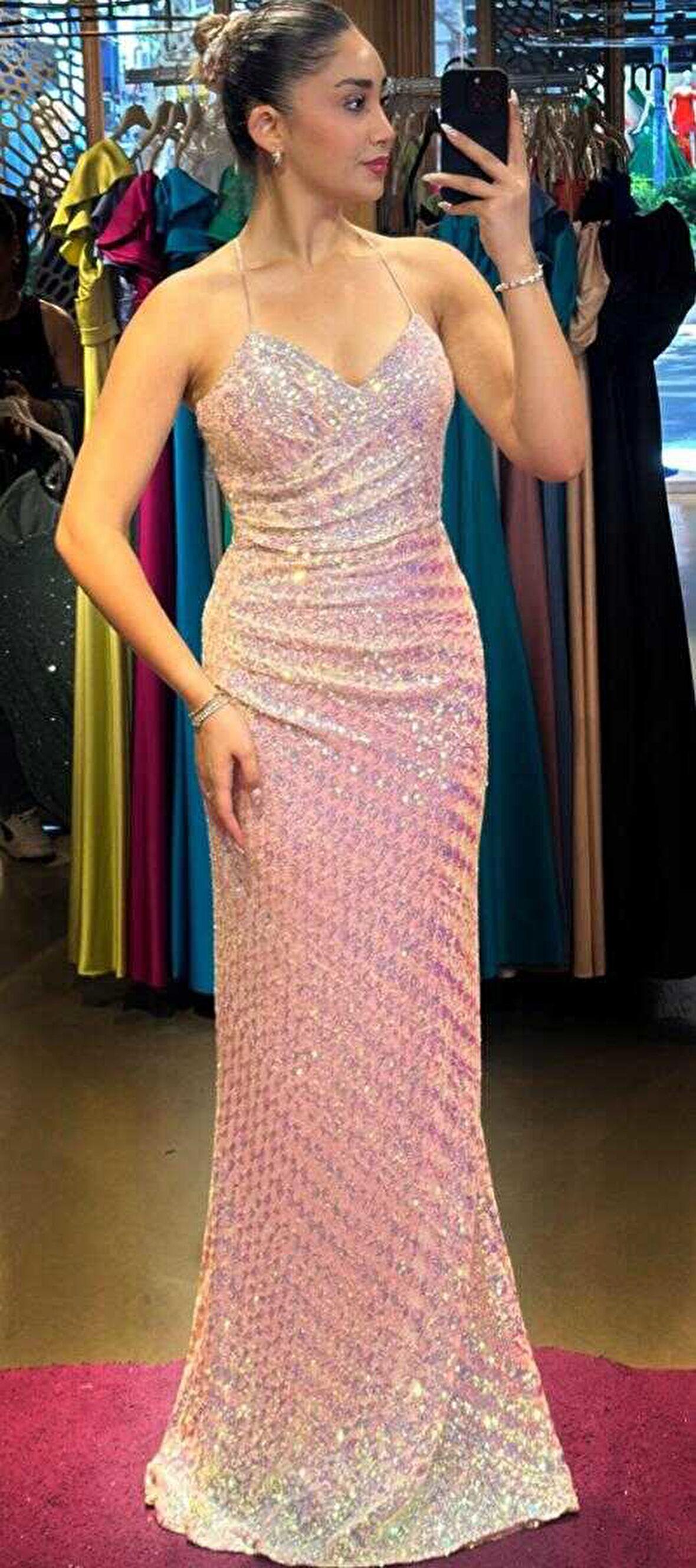 Beyaz  İp Askılı  Sırt Dekolteli  Düz Kesim Desenli Uzun Abiye Elbise 7561