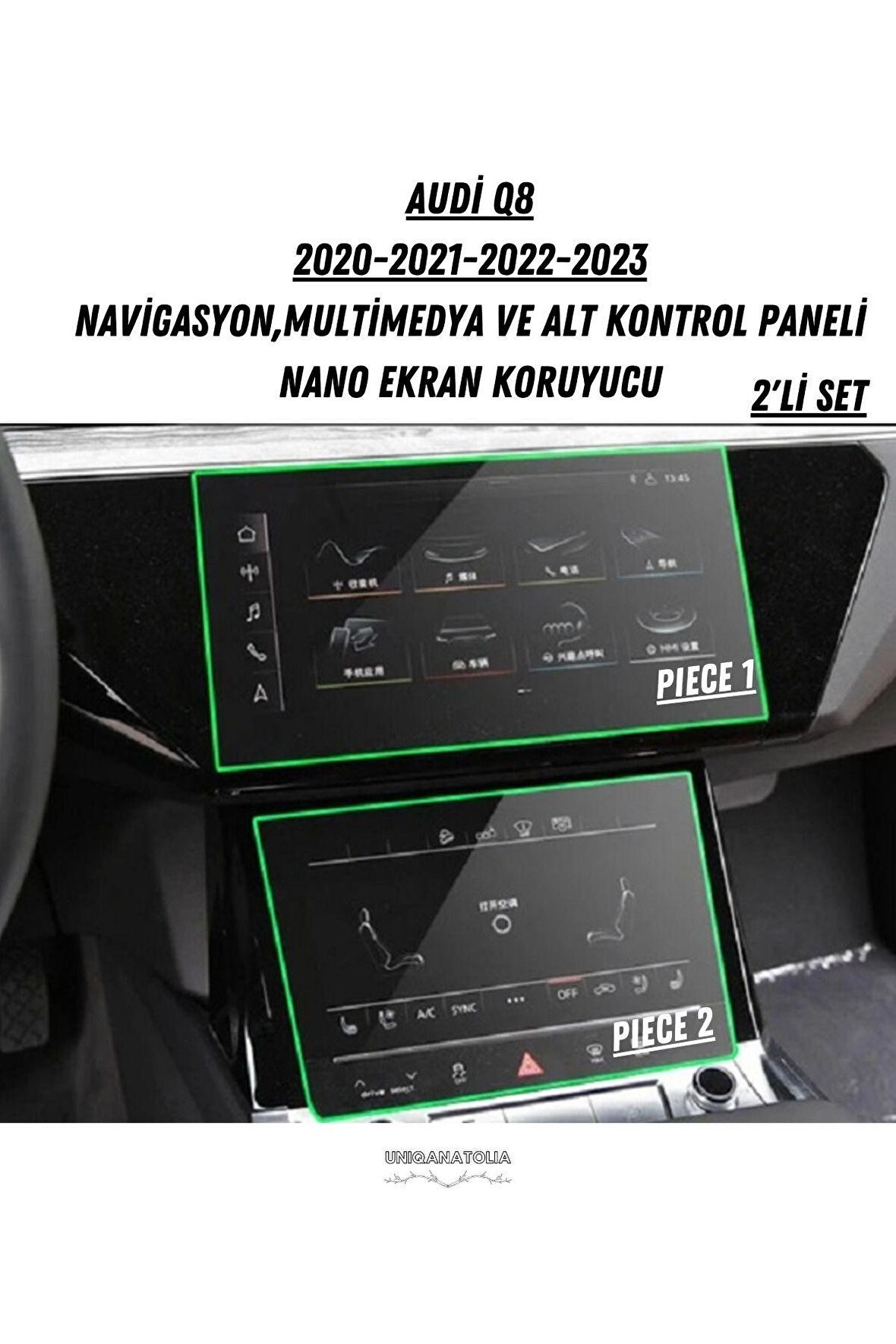 Audi Q8 2020 2021 2022 2023 Multimedya ve Alt Kontrol Panel Uyumlu Nano Ekran Koruyucu