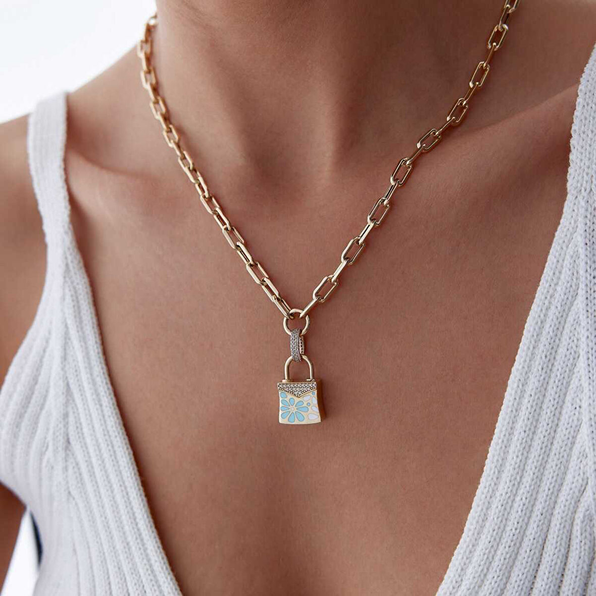 Çiçekli Kilit Charm Ataç Kolye