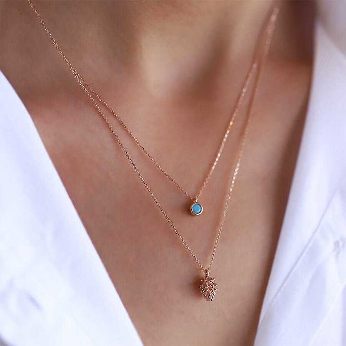 Firuze Çam Kozalağı İkili Kolye