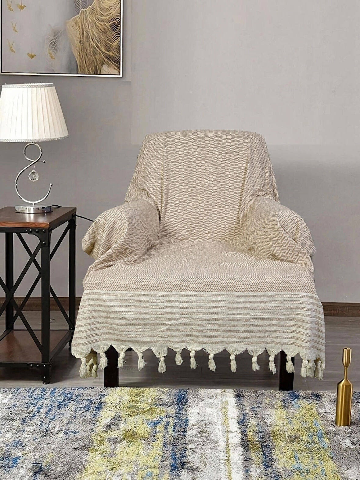 Buldan İşi Kolları Örten Pamuklu Tekli Koltuk Berjer Örtüsü 180x150 cm Pamuk Dokuma - VİZON 