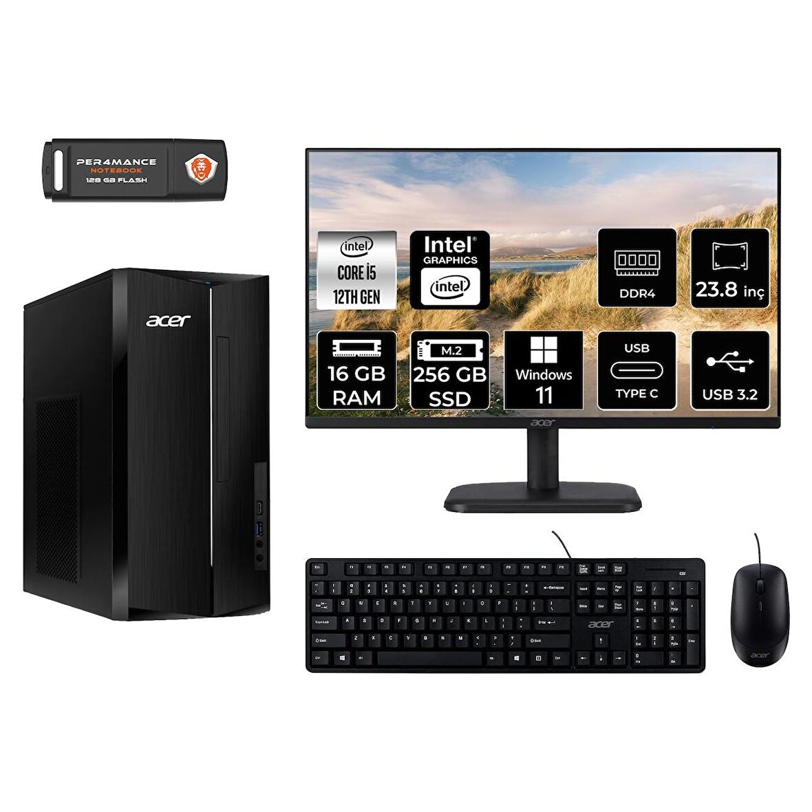 Acer Aspire TC1760 i5 12400 16GB 256GB SSD W11P DT.BHUEM.005 MASAÜSTÜ PC & 23.8" MONİTÖR