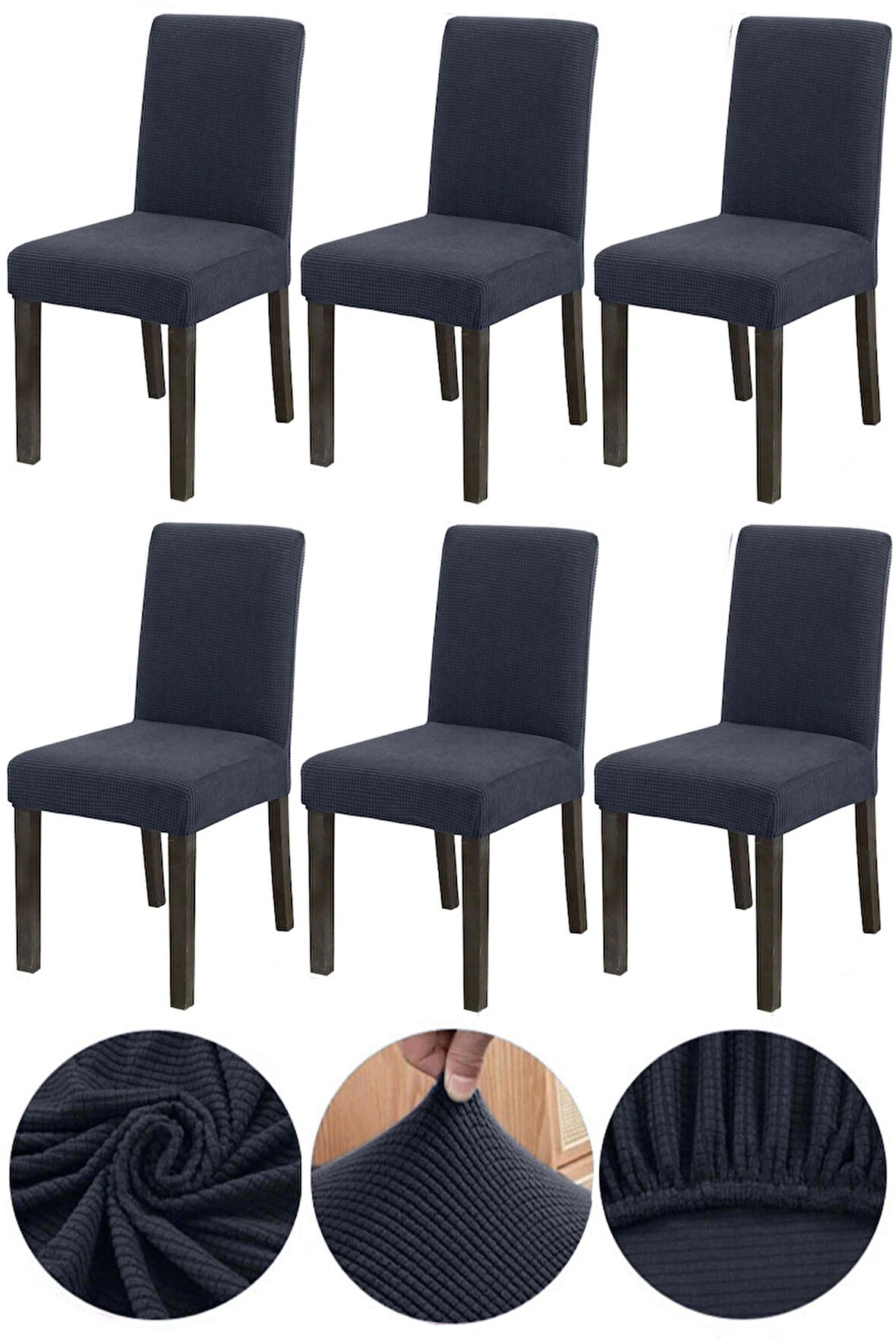 Bambu Nano Kumaş Likralı Yıkanabilir 6'lı Sandalye Kılıfı Lastikli Sandalye Örtüsü (6ADET) - ANTRASİT 