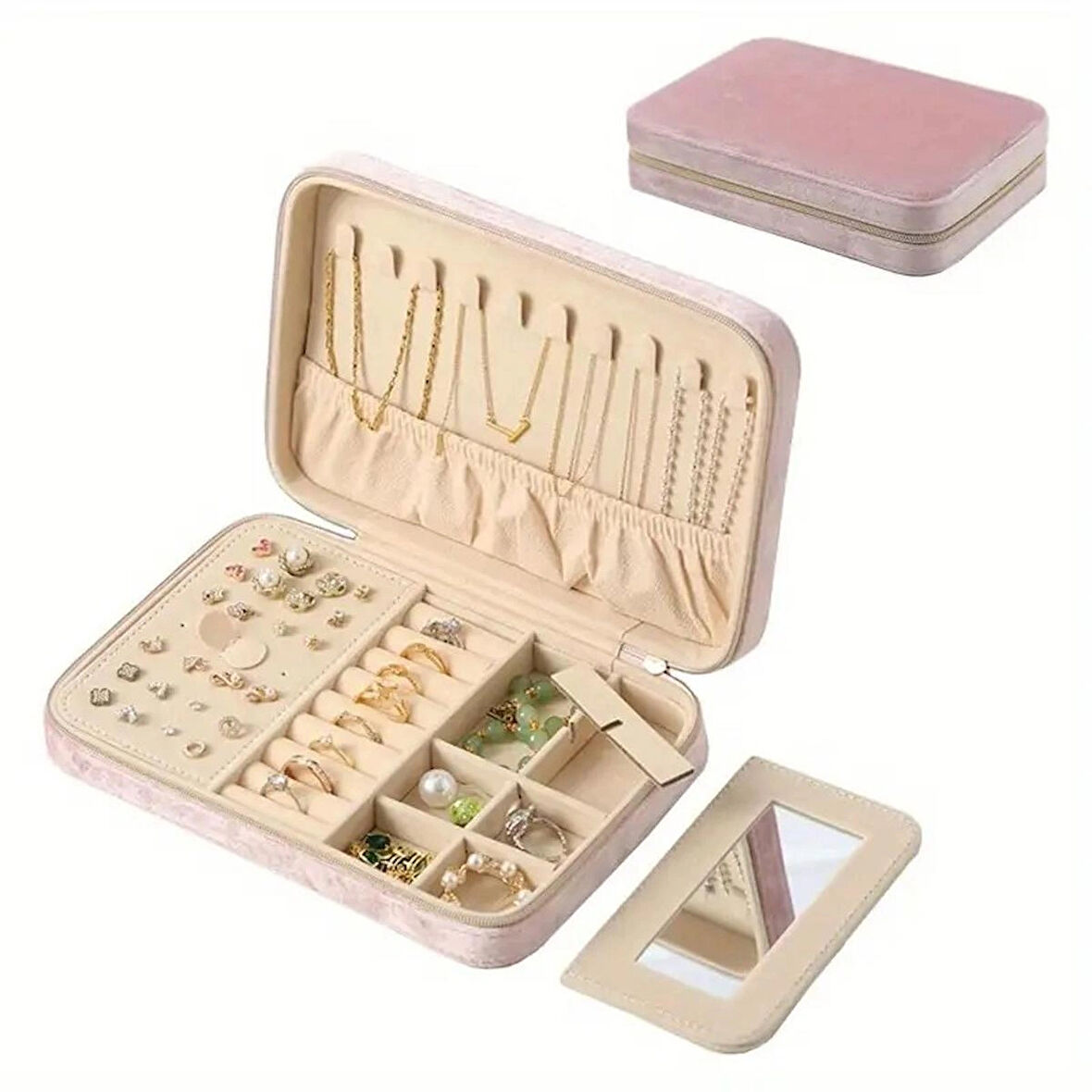 Kadife Tasarım Fermuarlı Takı Kutusu Seyahat Mücevher Kutusu Aynalı Takı Organizer Kutusu Pembe