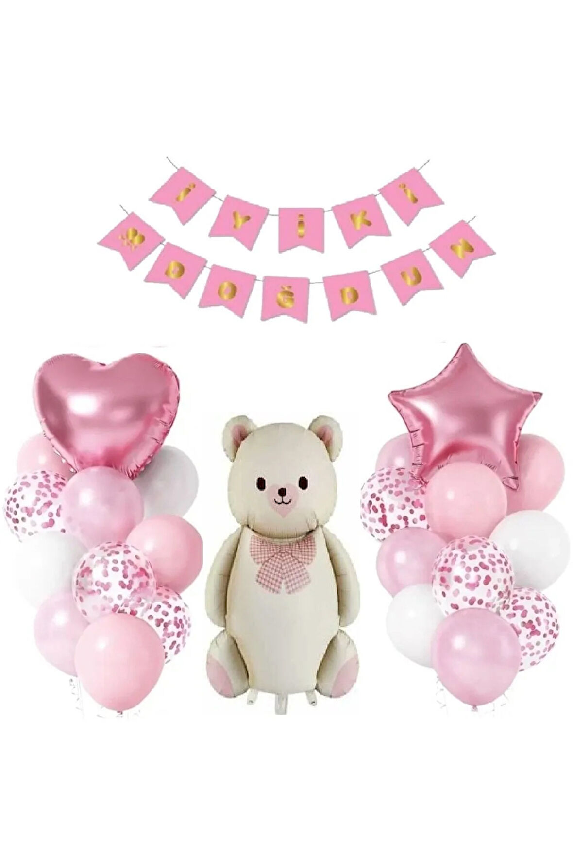 PEMBE RENK İYİKİ DOĞDUN FİYONKLU AYI FOLYOLU BALON SET